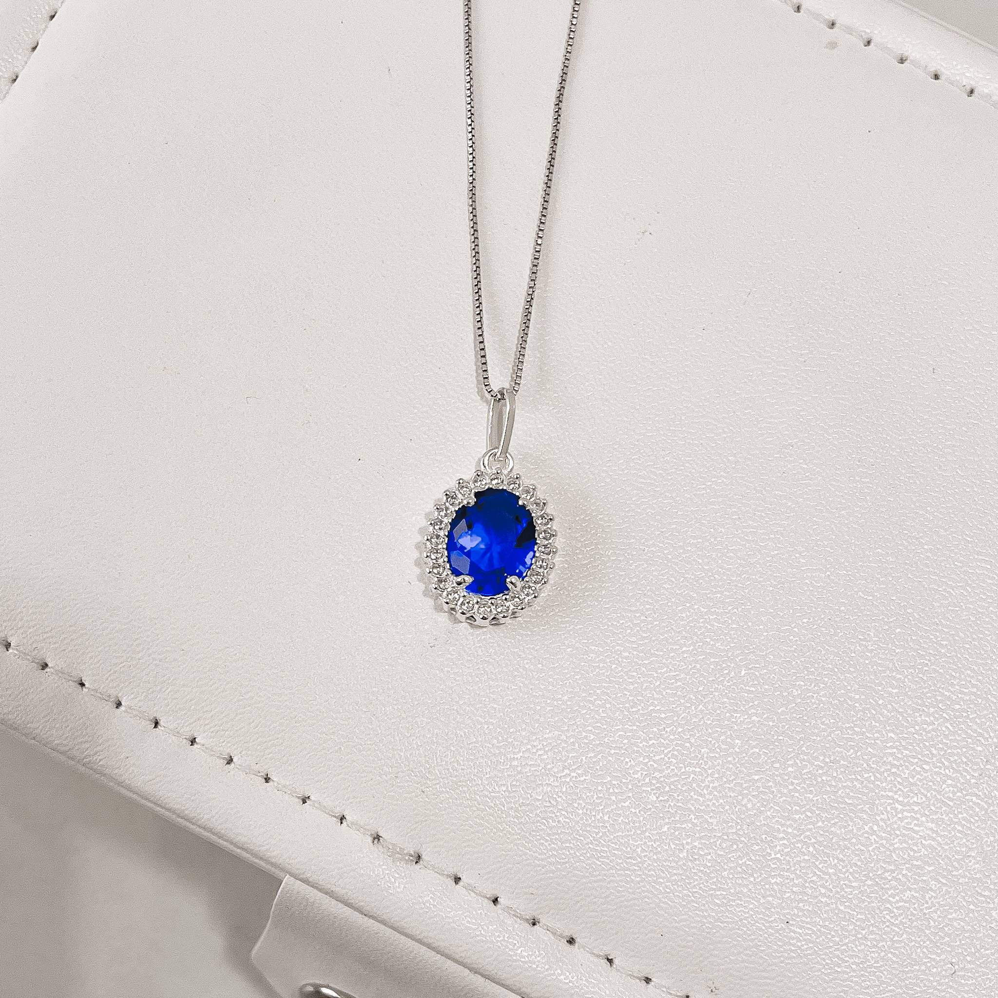 Colar pingente zircônia oval azul bic com cravejado 15mm 45cm