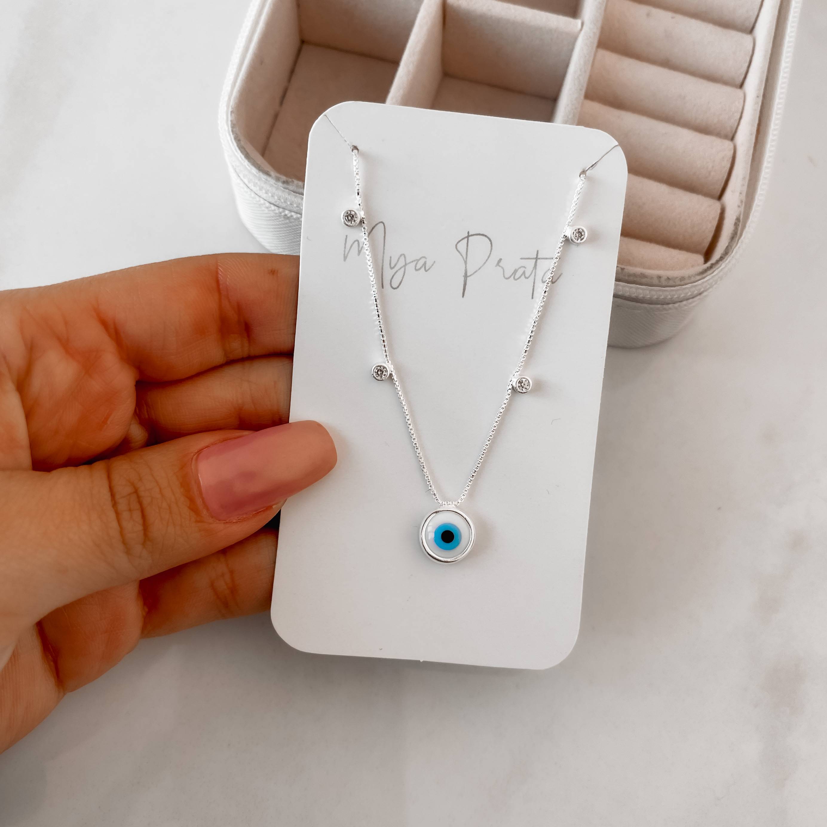 Imagem Colar olho grego 8mm detalhe mini zircônias 45cm