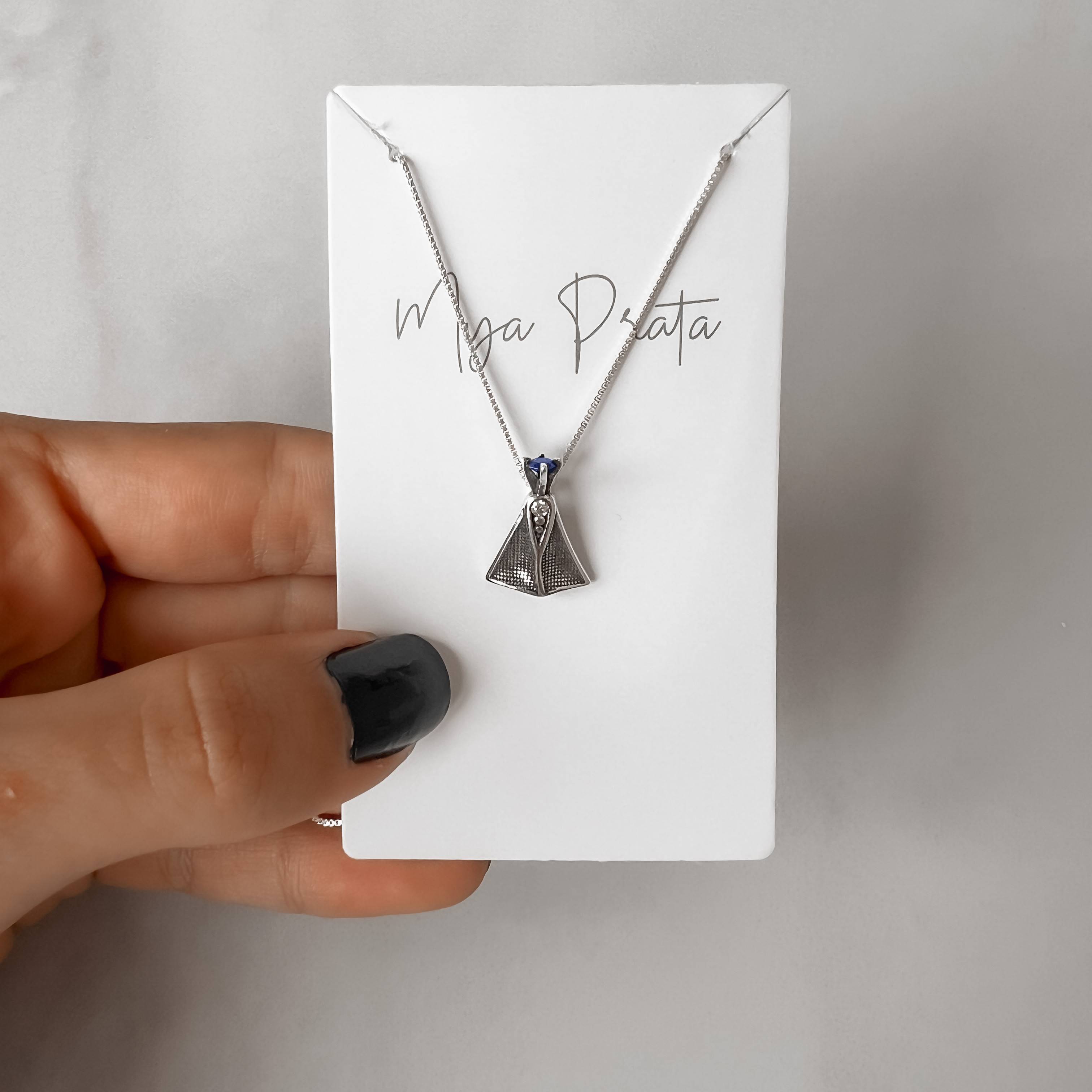 Imagem Colar Nsa. Sra. Aparecida detalhe zircônias cristal e azul envelhecido 17mm 45cm