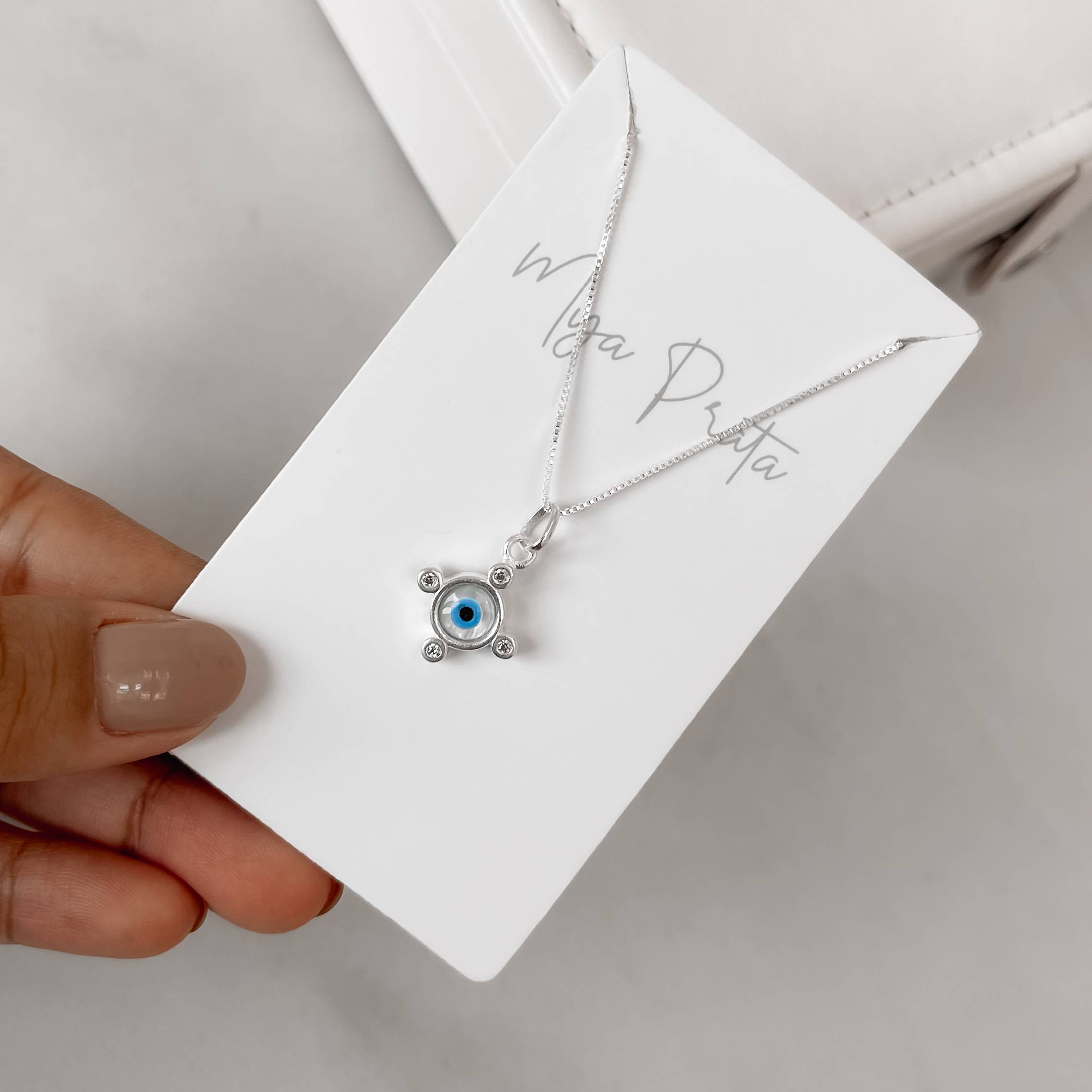 Imagem Colar pingente olho grego madrepérola com zircônias 13mm 45cm