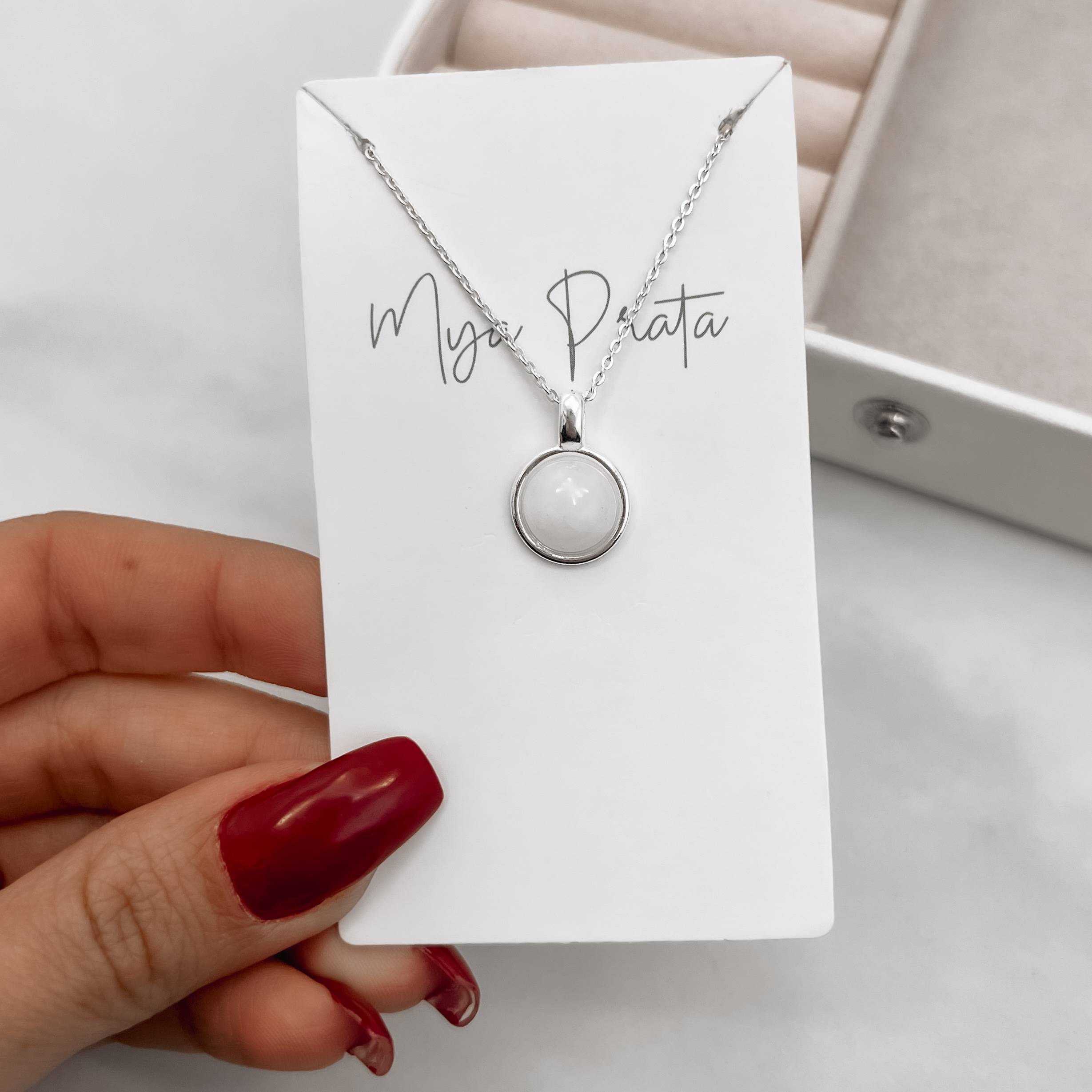 Colar pingente quartzo branco 12mm corrente cadeado 45cm