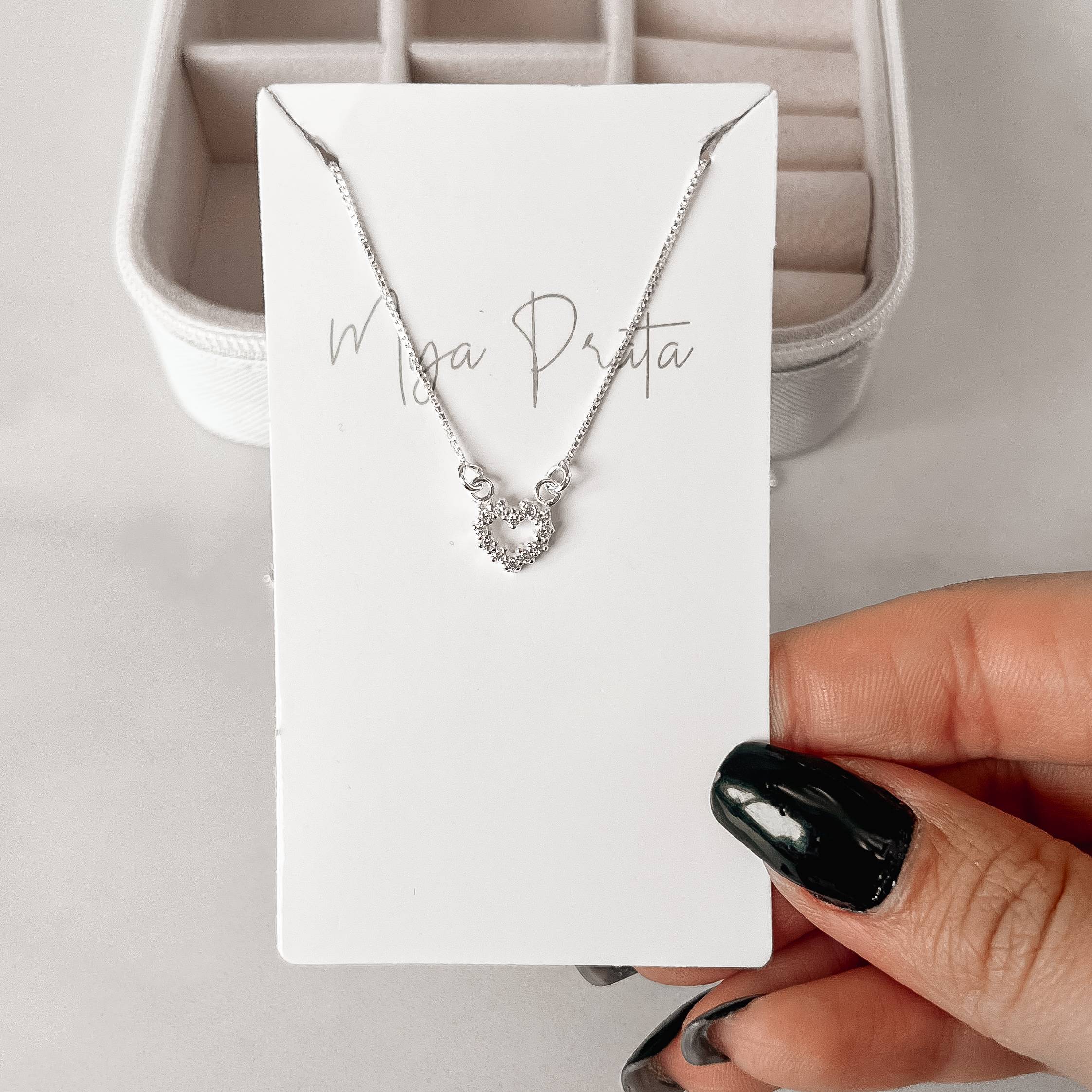 Colar entremeio coração vazado cravejado 9mm 45cm com alongadora