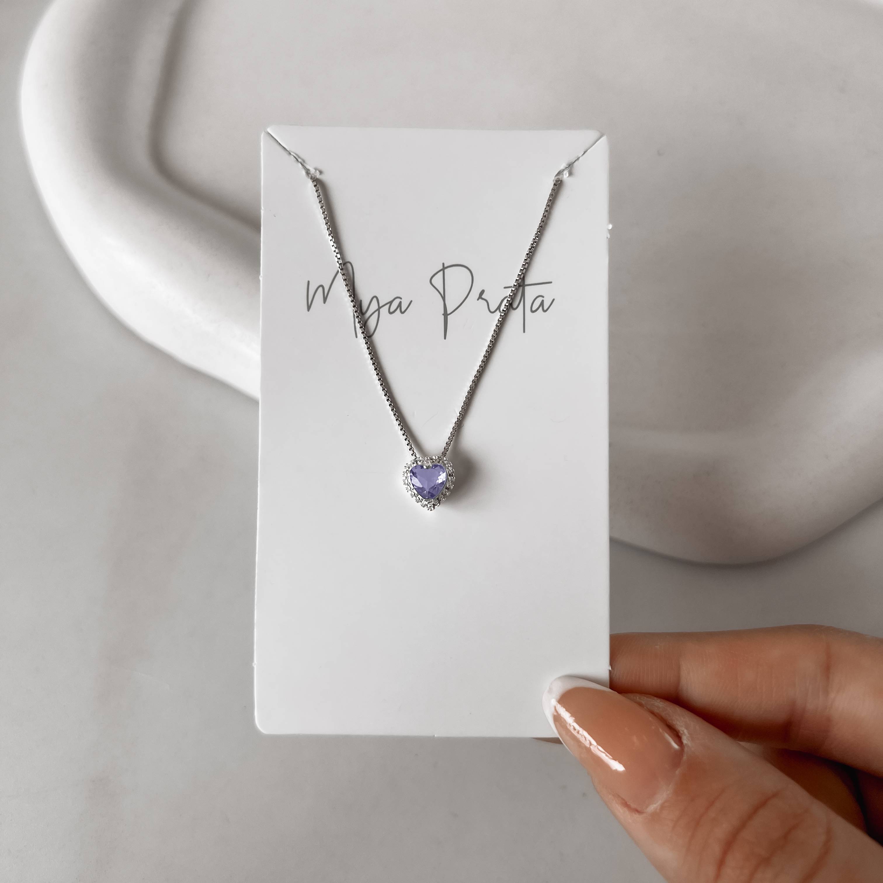 Imagem Colar zircônia coração lilás com cravejado 7mm 40cm