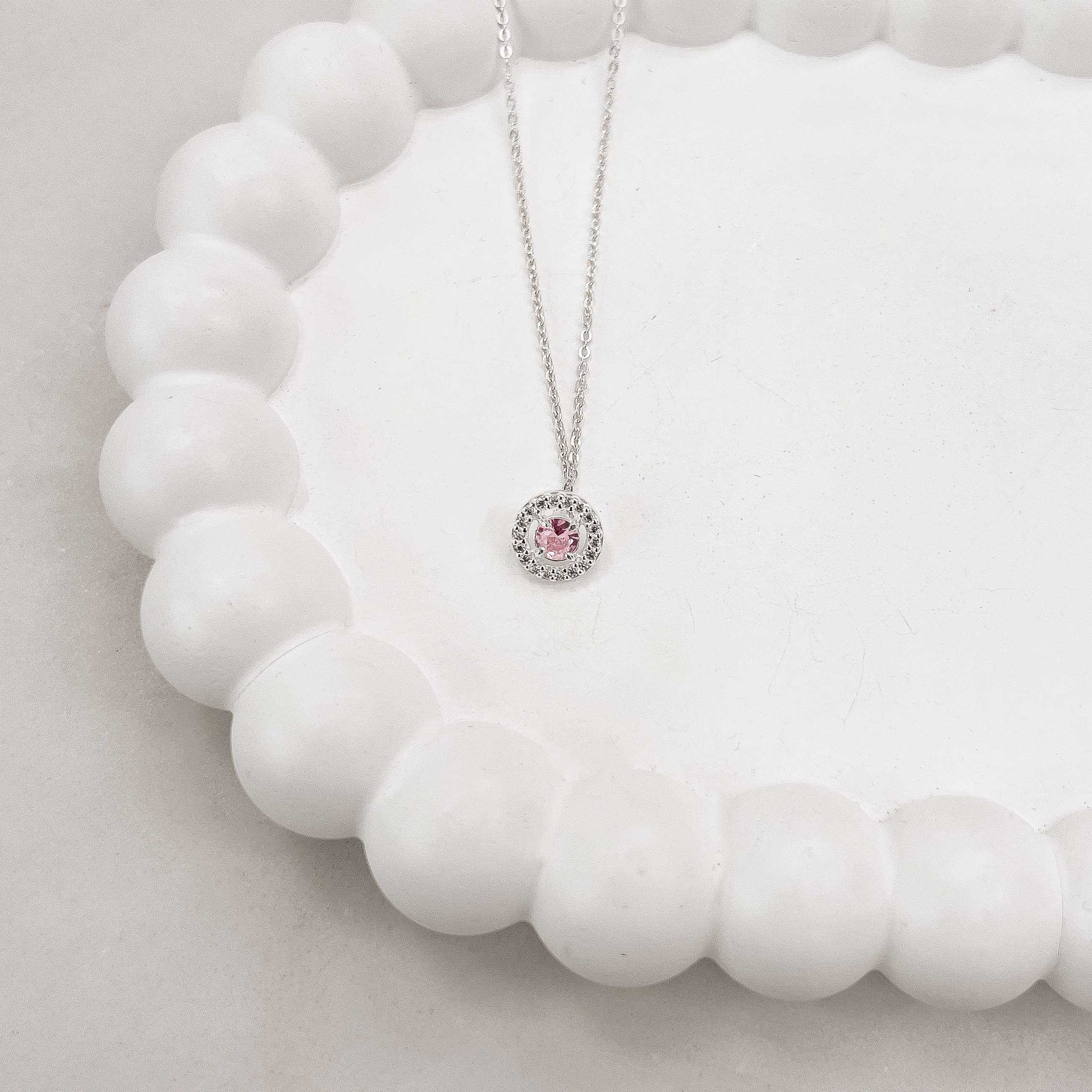 Colar zircônia redonda rosa com cravejado 9mm corrente cadeadinho 45cm