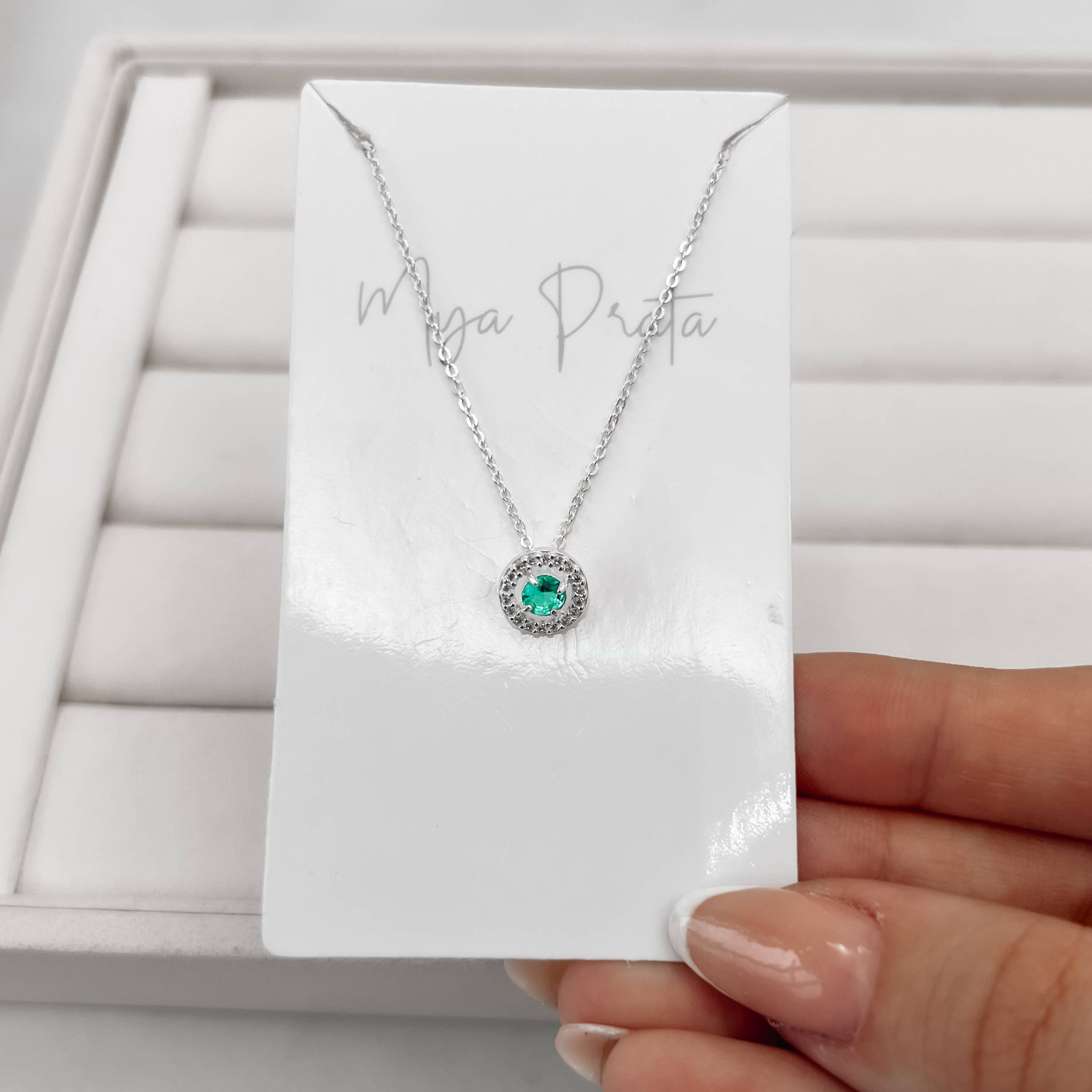 Imagem Colar zircônia redonda acqua com cravejado 9mm corrente cadeadinho 45cm