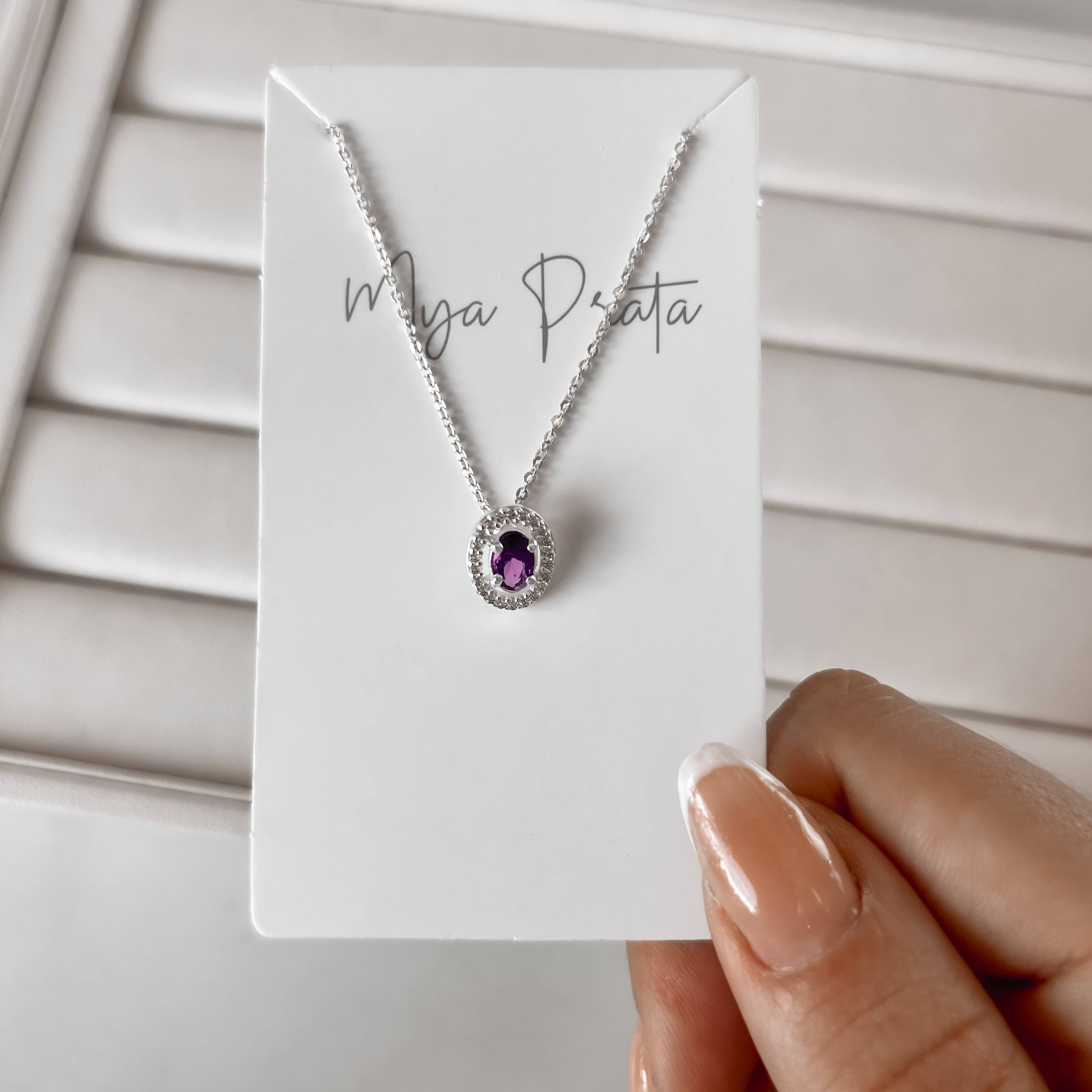 Imagem Colar zircônia oval ametista com cravejado 11mm corrente cadeadinho 45cm