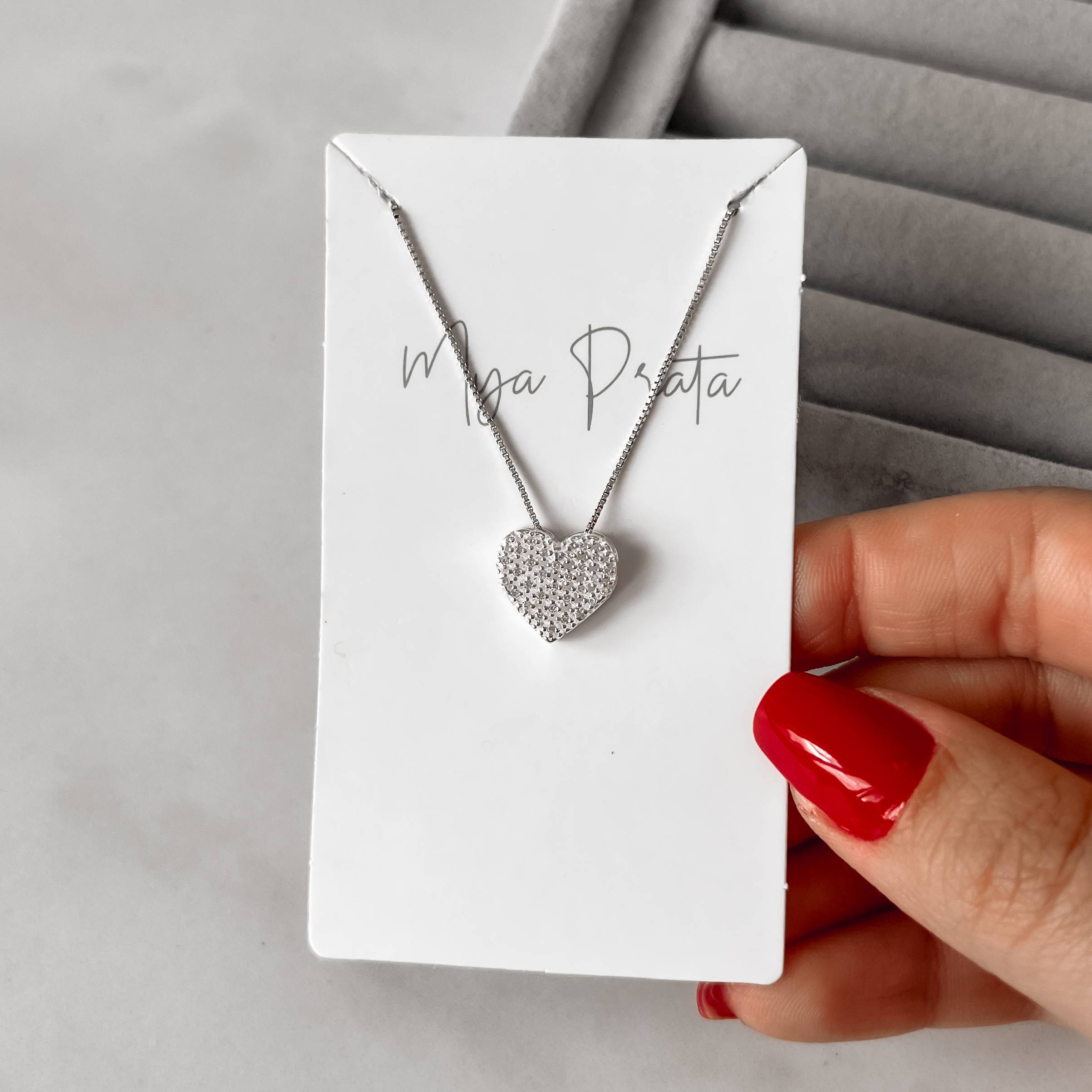 Imagem Colar coração rendado cravejado 12mm 45cm