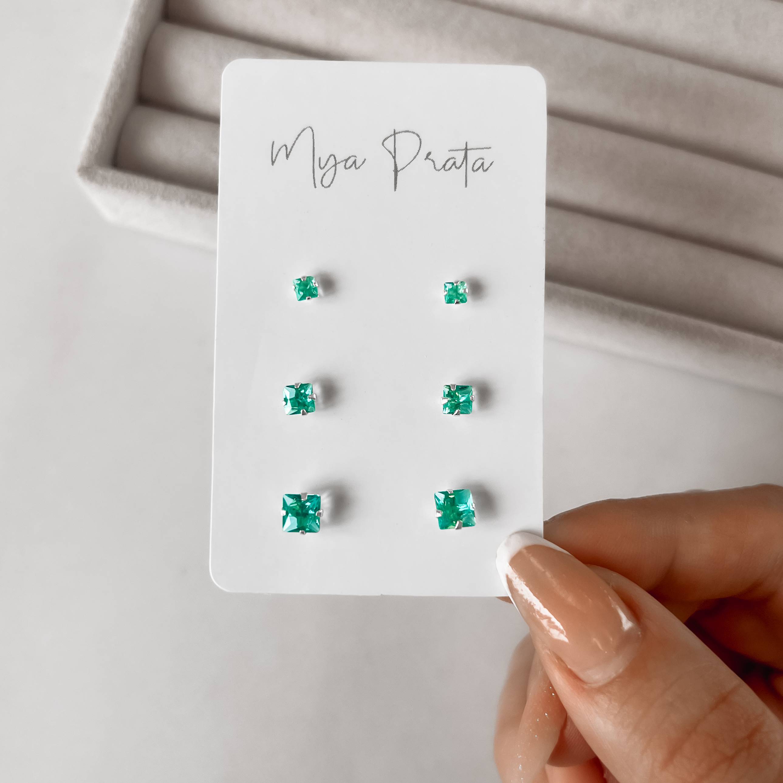 Imagem Secundária Trio zircônias quadradas 3, 4 e 5mm acqua