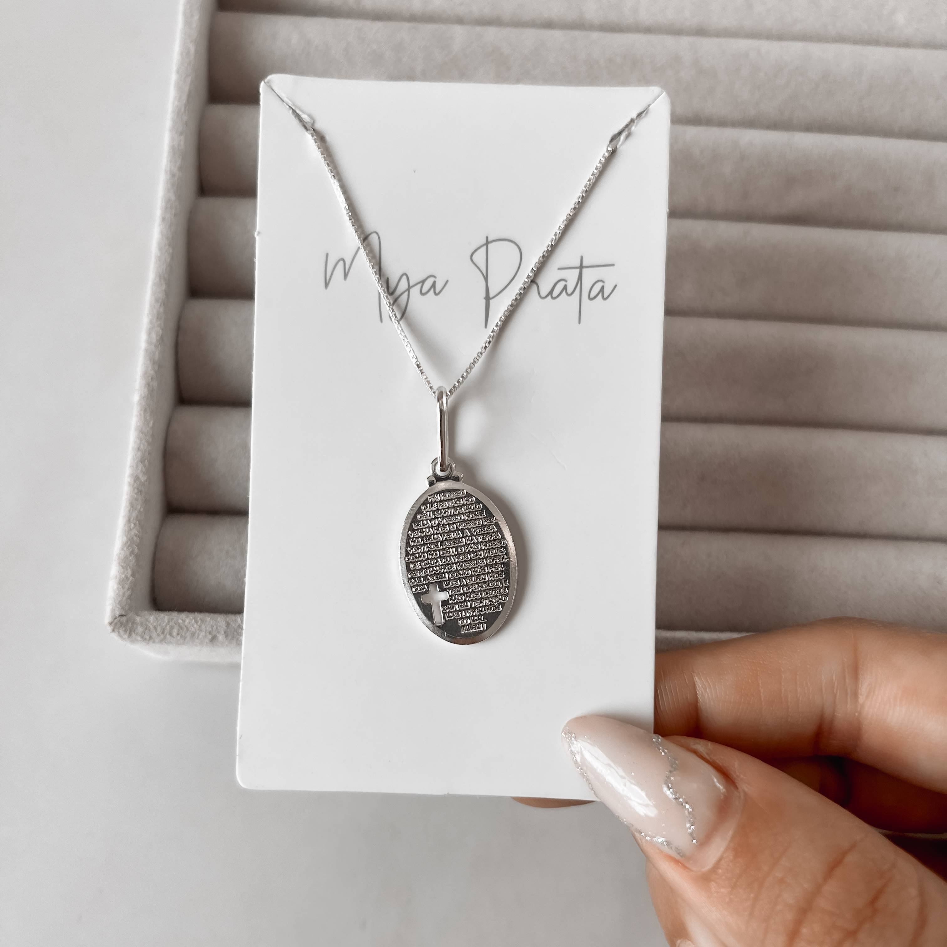 Imagem Colar pingente medalha Pai Nosso oval 23mm 45cm