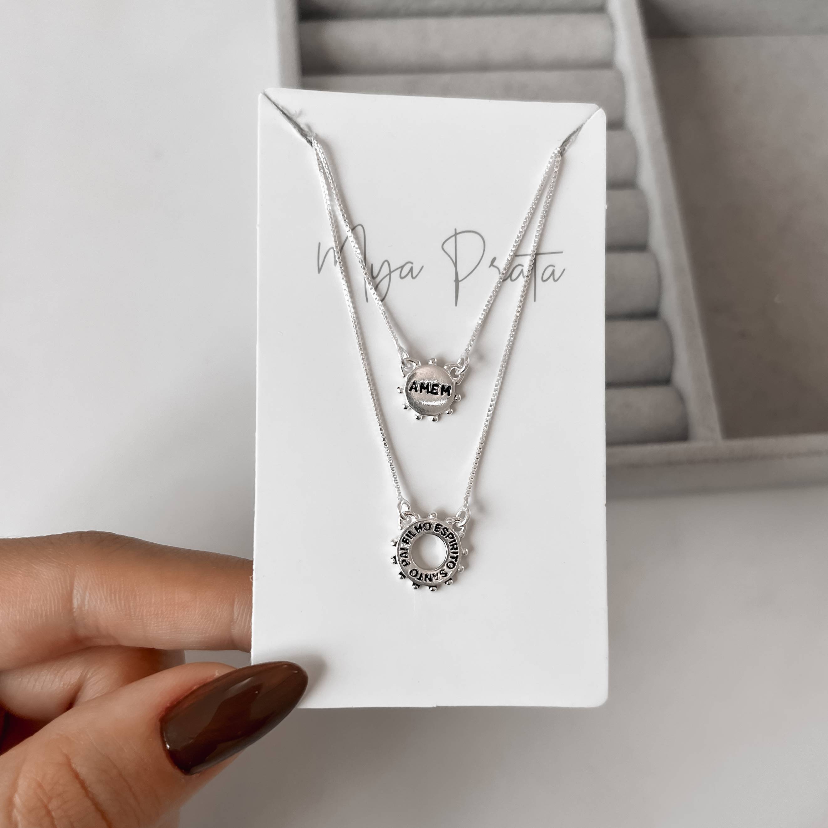 Escapulário placas pai, filho, Espírito Santo Amém v12 60cm