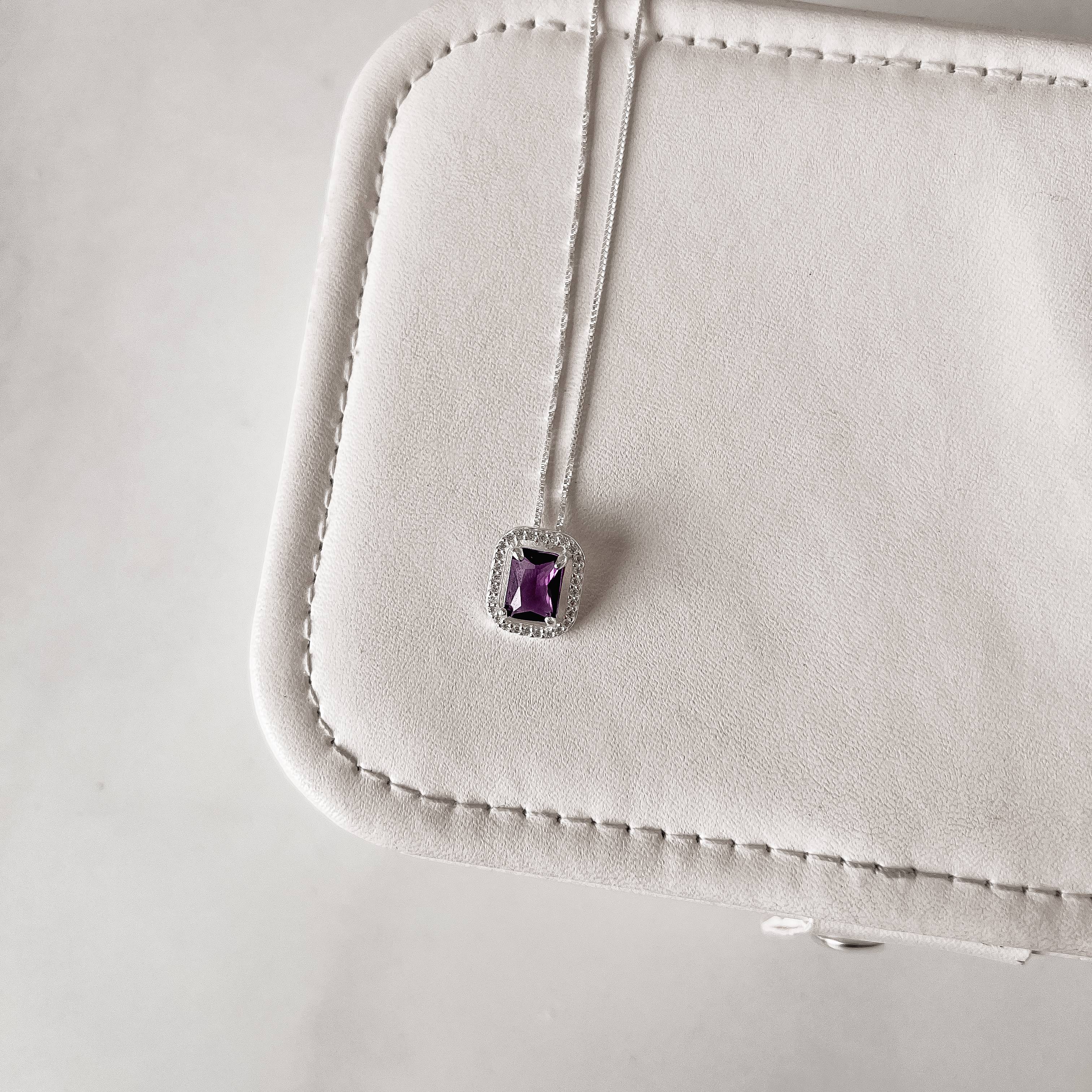 Imagem Secundária Colar zircônia retangular ametista com cravejado 13mm 45cm