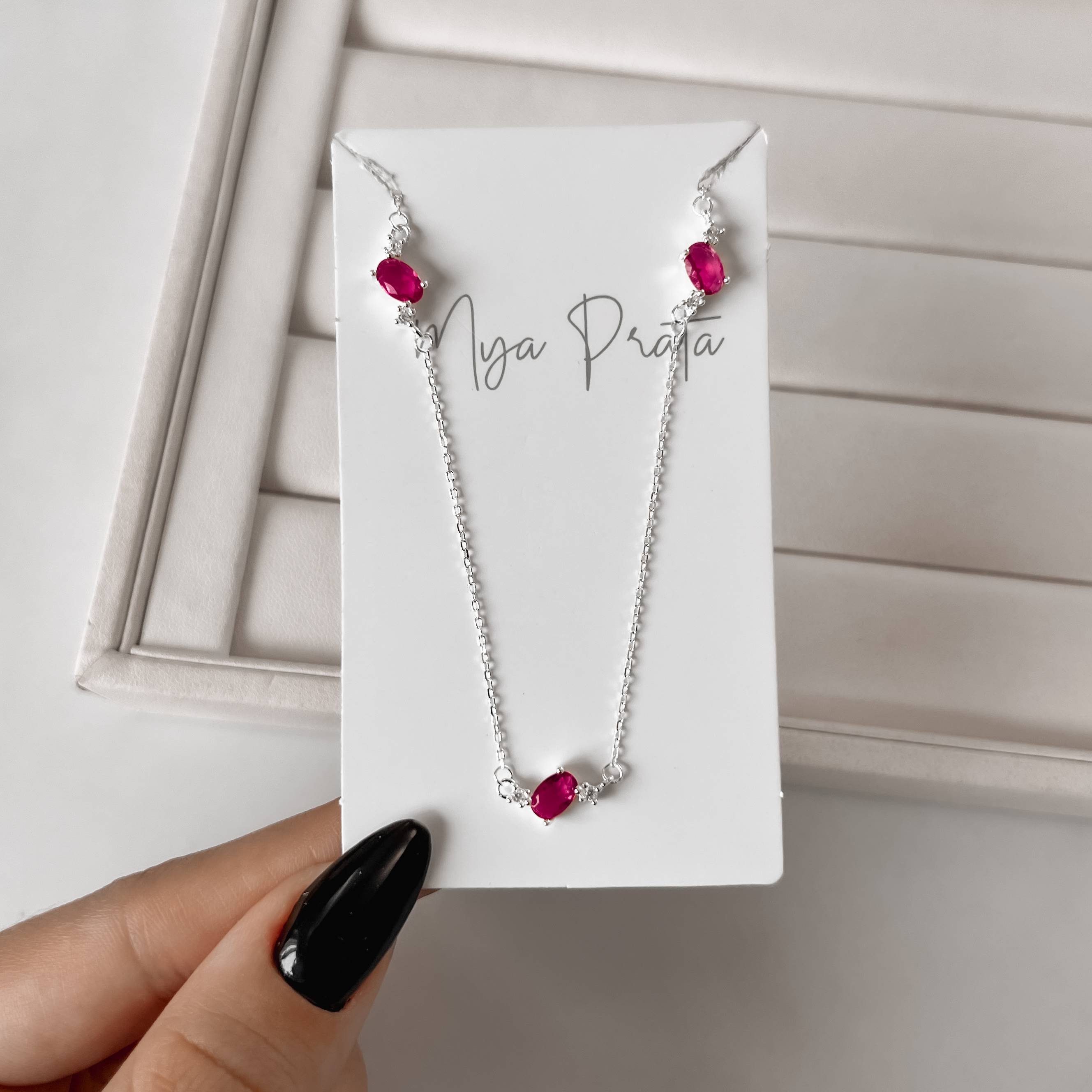 Imagem Colar entremeios zircônia oval cereja e redonda cristal 11mm 40+5cm