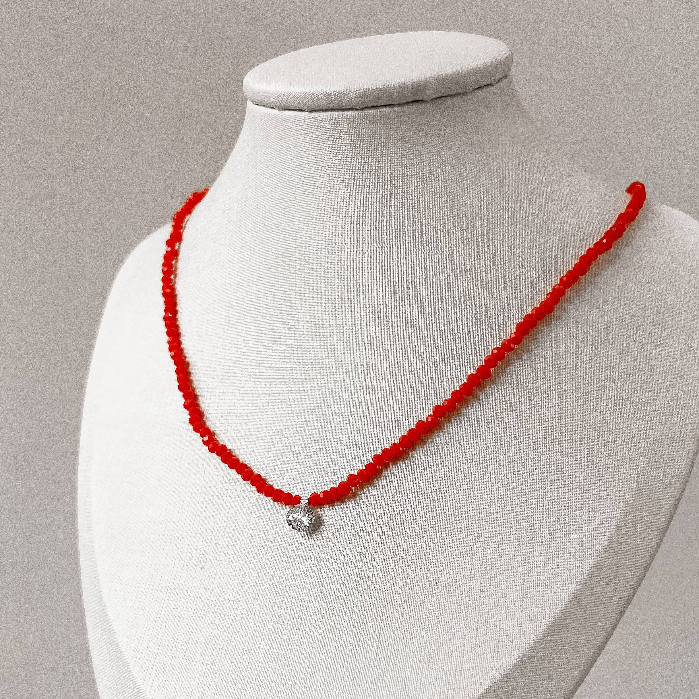 Imagem Colar cristal coral 3mm pingente zircônia 6mm 40+5cm