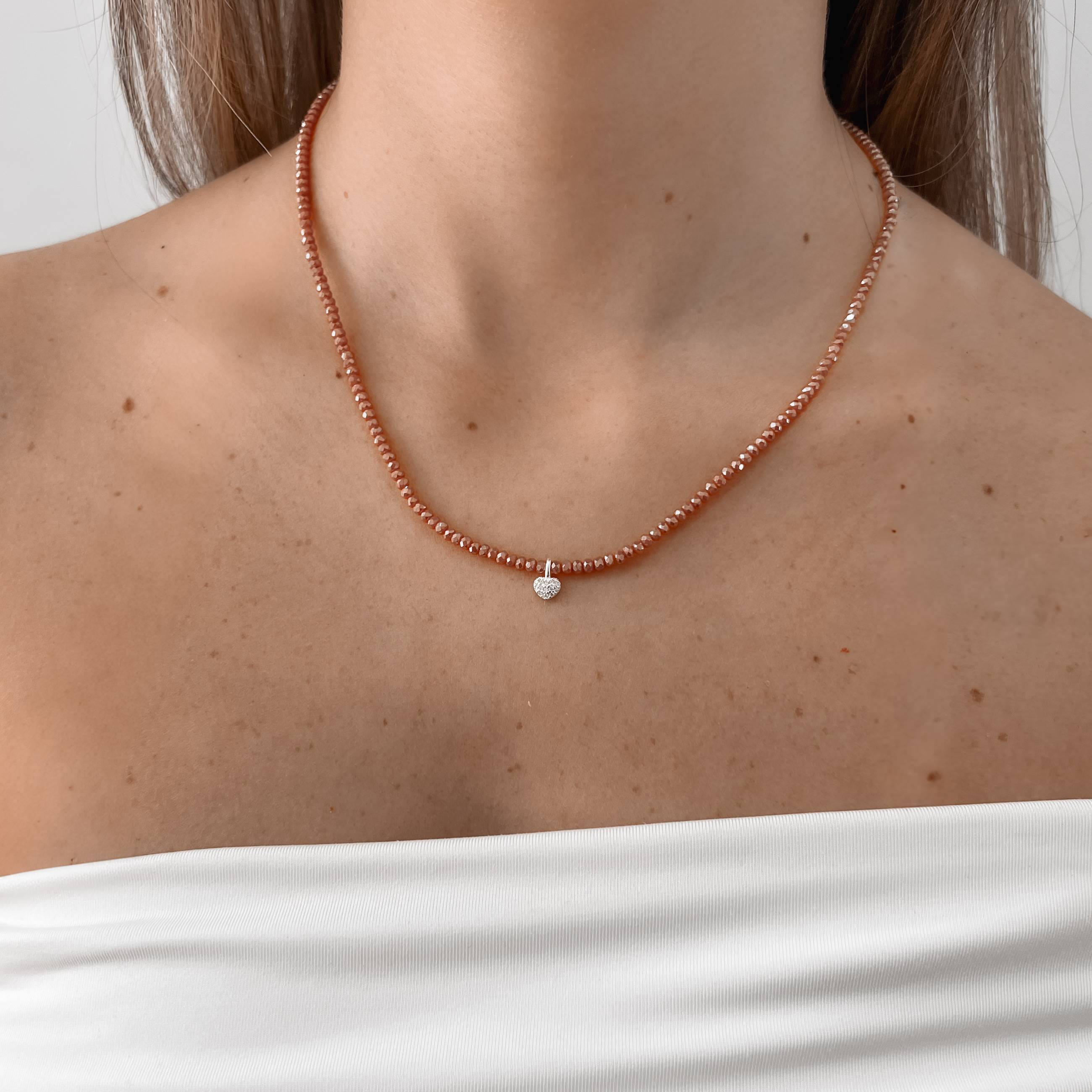 Imagem Colar cristal terracota irisado 3mm pingente coração cravejado 6mm 40+5cm