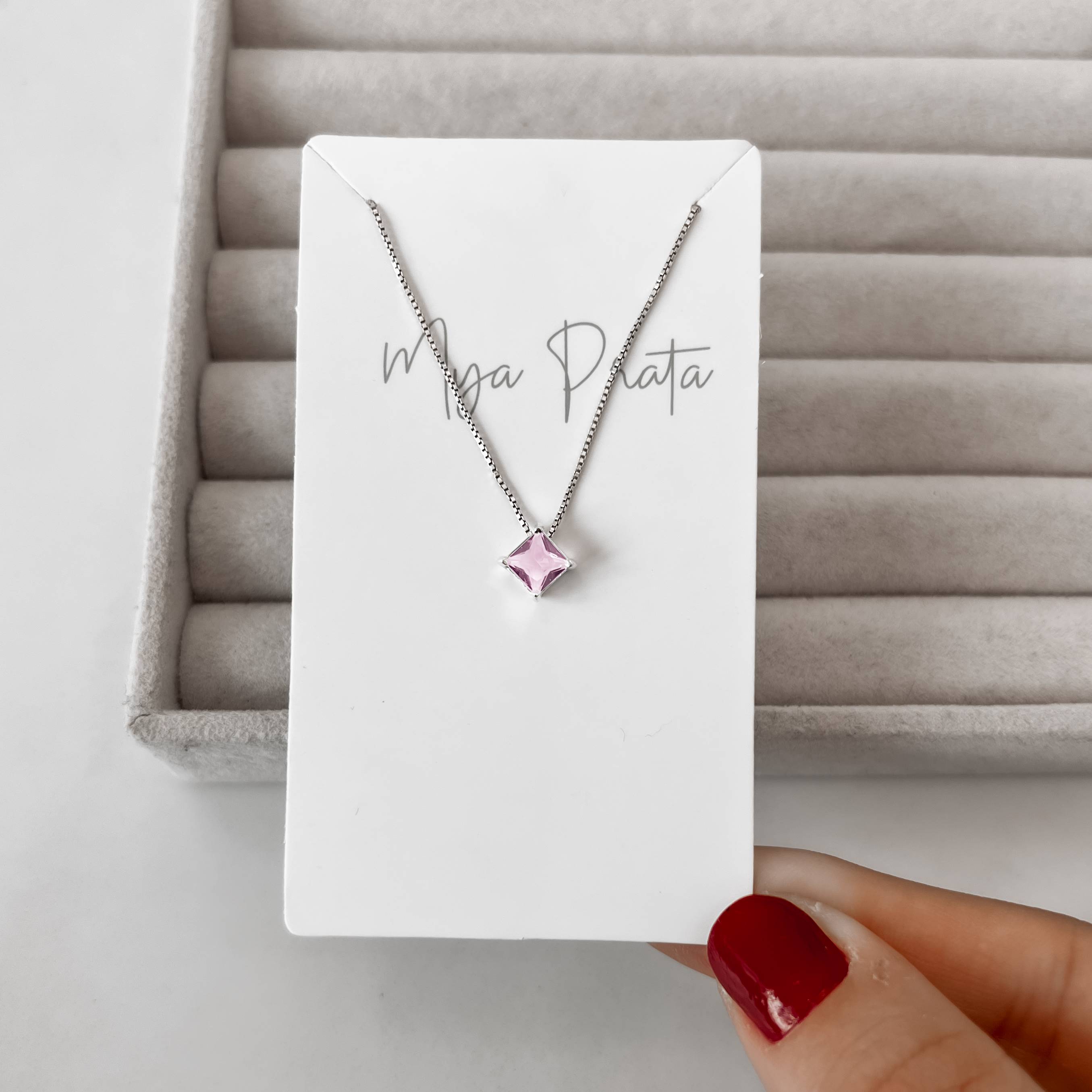 Imagem Colar zircônia losango rosa 8mm 40cm