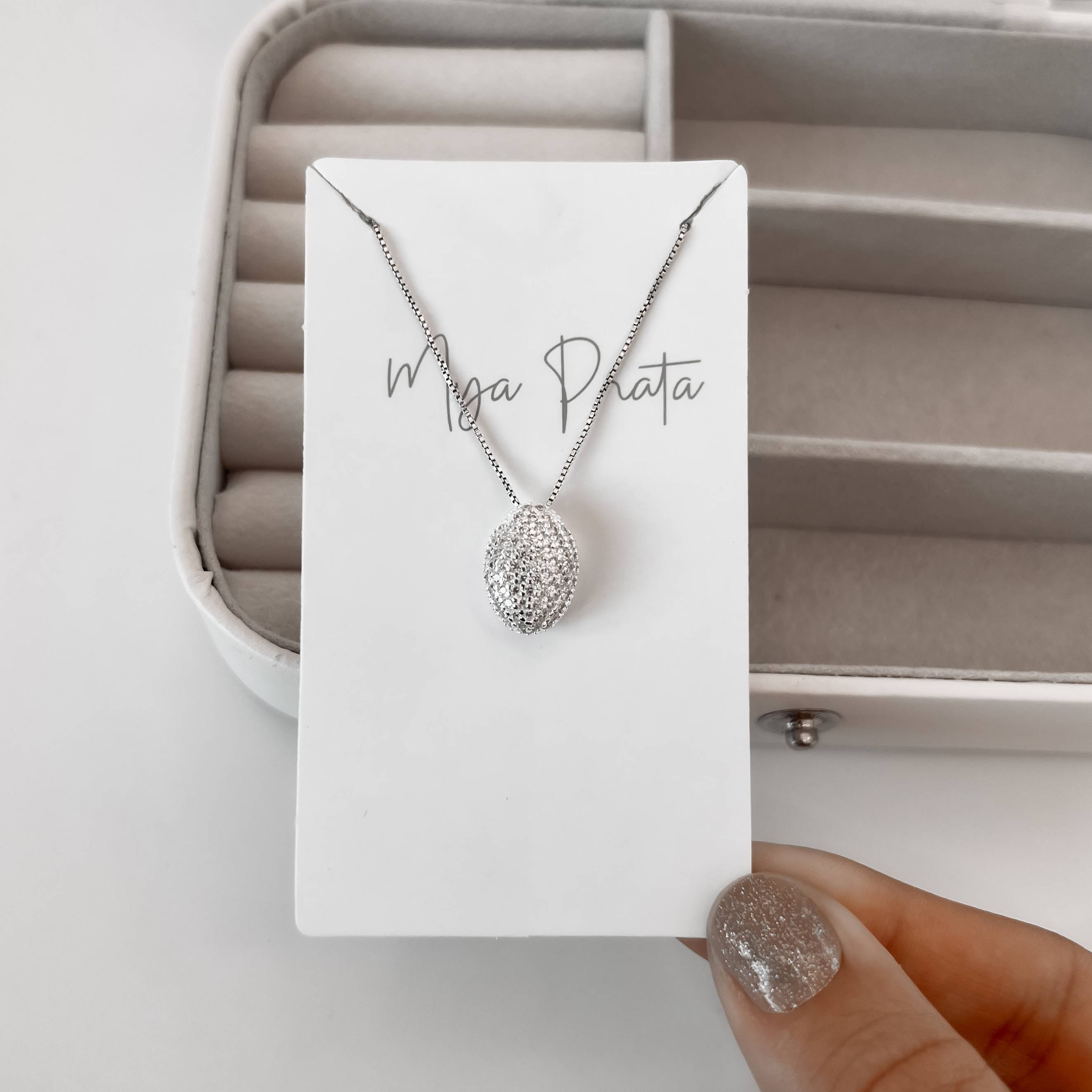 Imagem Colar pingente oval todo cravejado 15mm 45cm