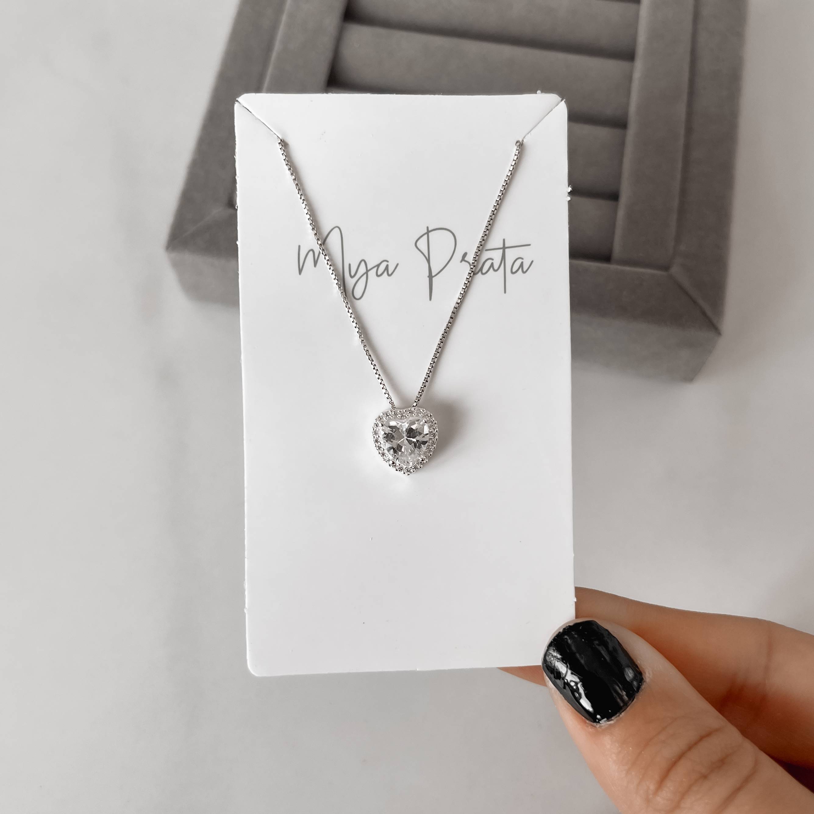 Imagem Colar zircônia coração com cravejado 10mm 45cm