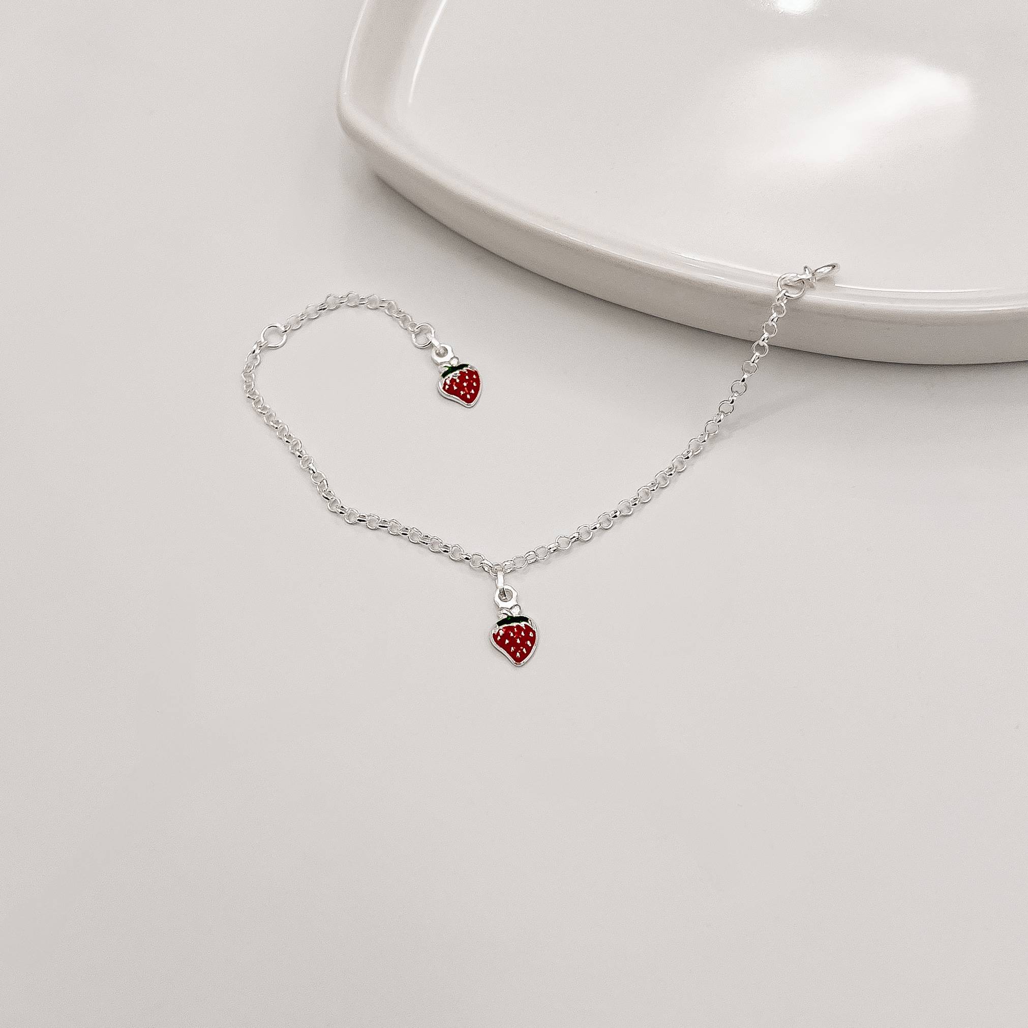 Pulseira infantil pingentes morango resina 7mm corrente elo português