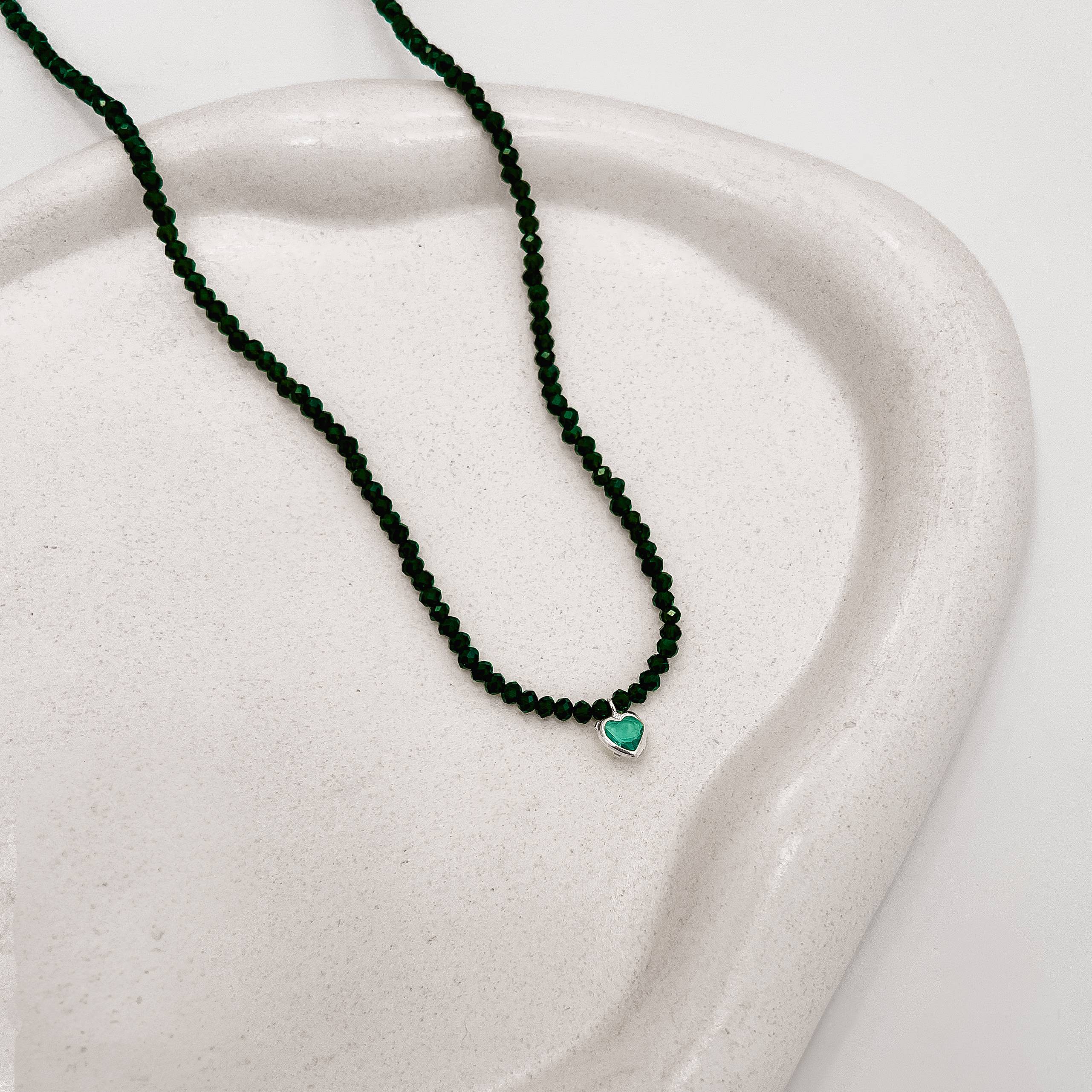 Imagem Choker cristal verde escuro 3mm pingente zircônia coração turquesa 6mm 40+5cm