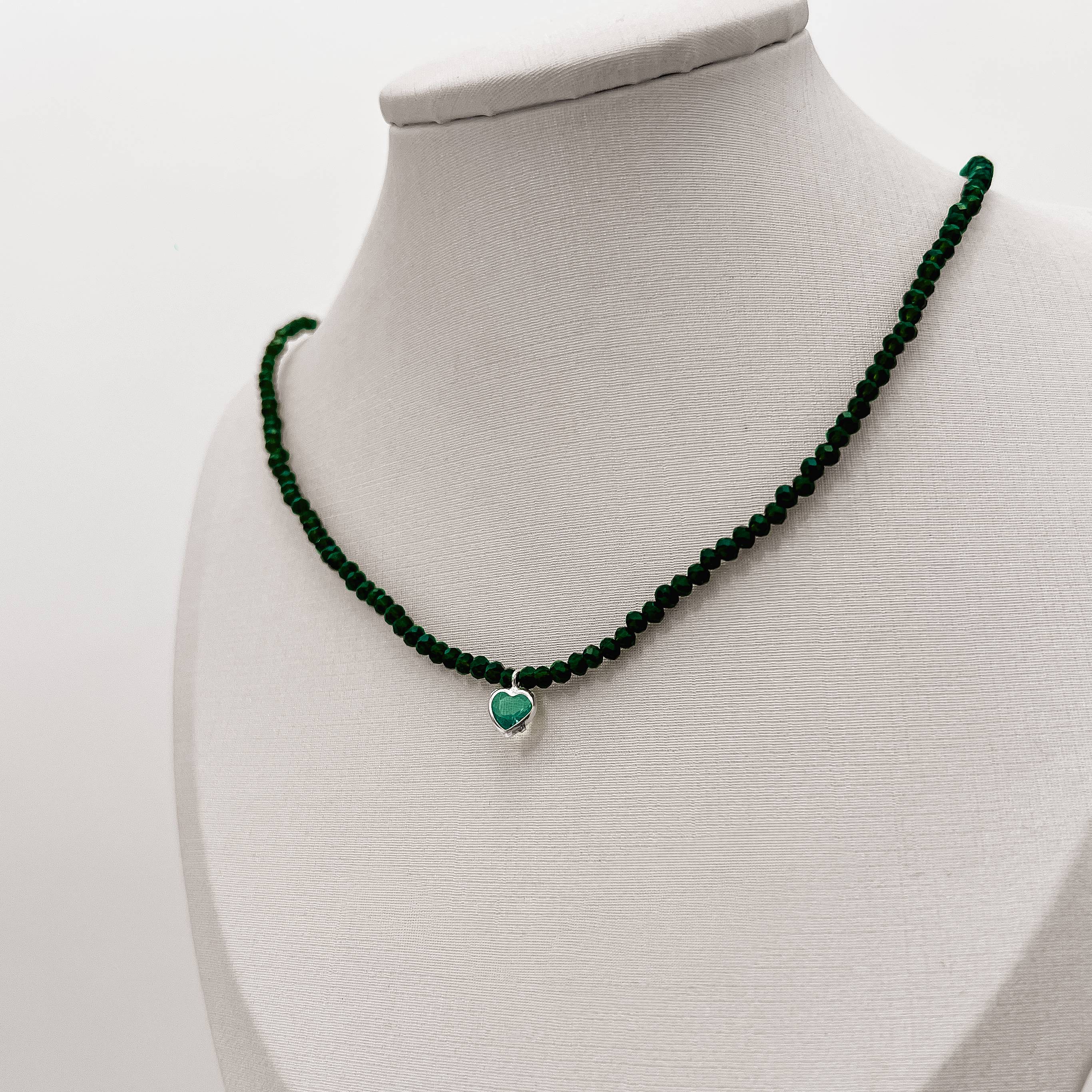 Imagem Secundária Choker cristal verde escuro 3mm pingente zircônia coração turquesa 6mm 40+5cm