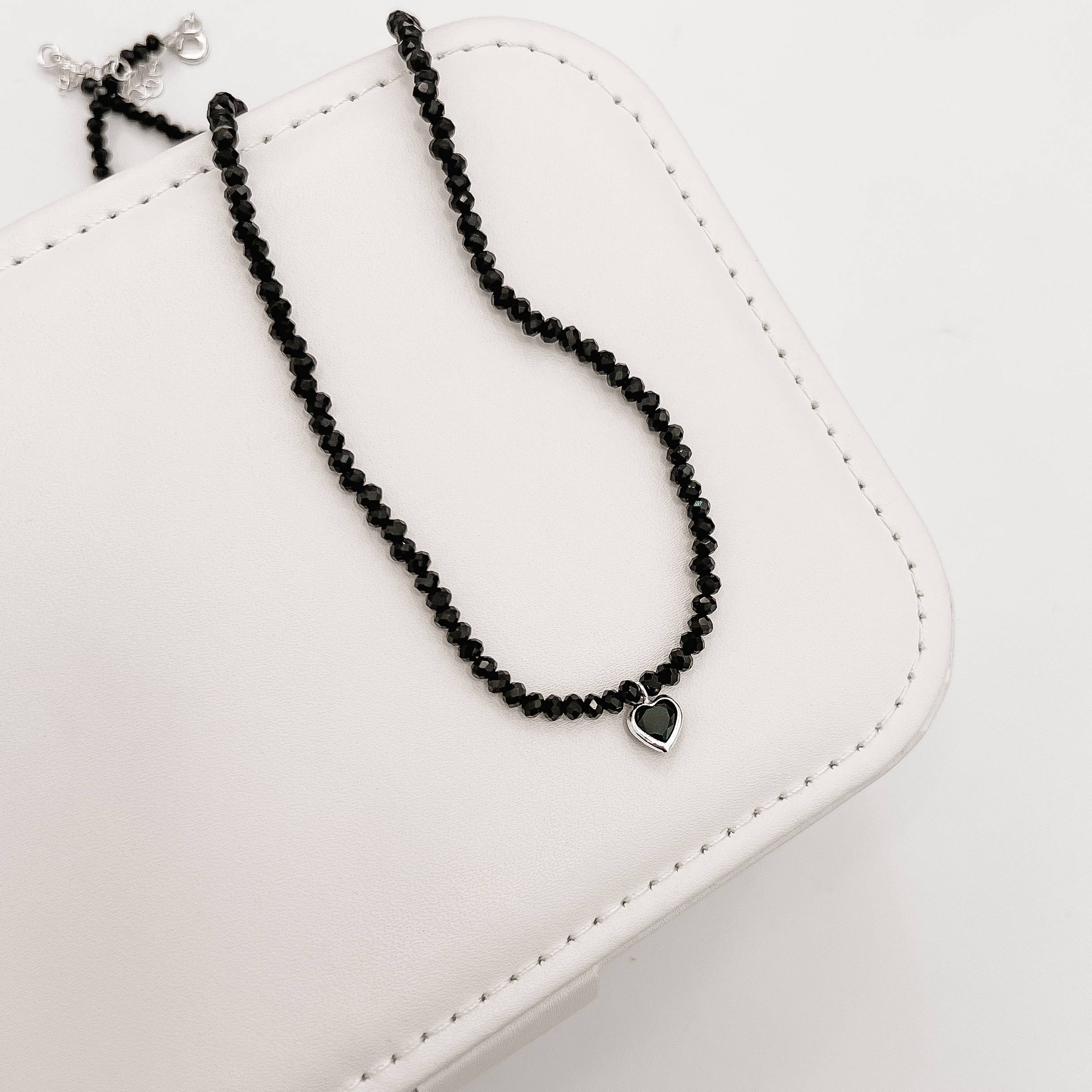 Choker cristal preto 3mm pingente zircônia coração ônix 6mm 40+5cm