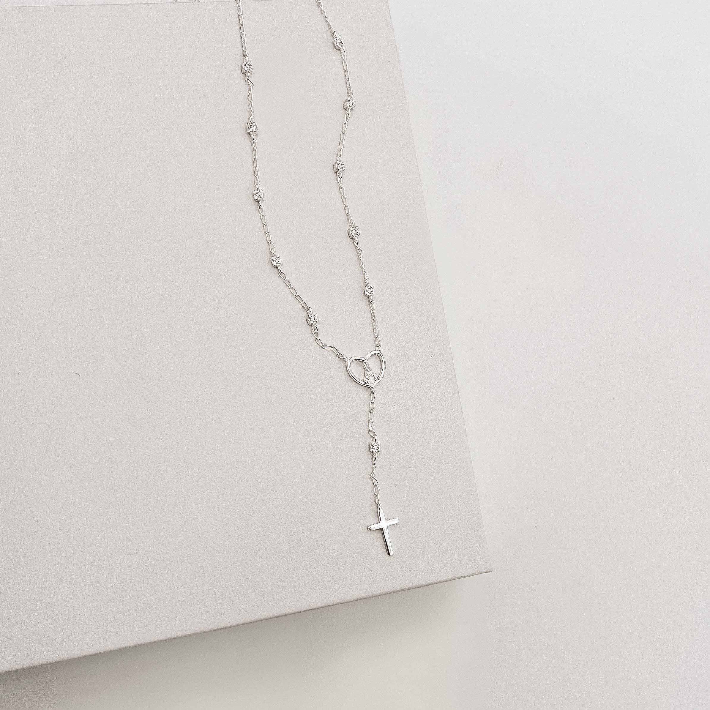 Colar coração Nsa. Sra. Aparecida terço com zircônias 45cm com alongadora