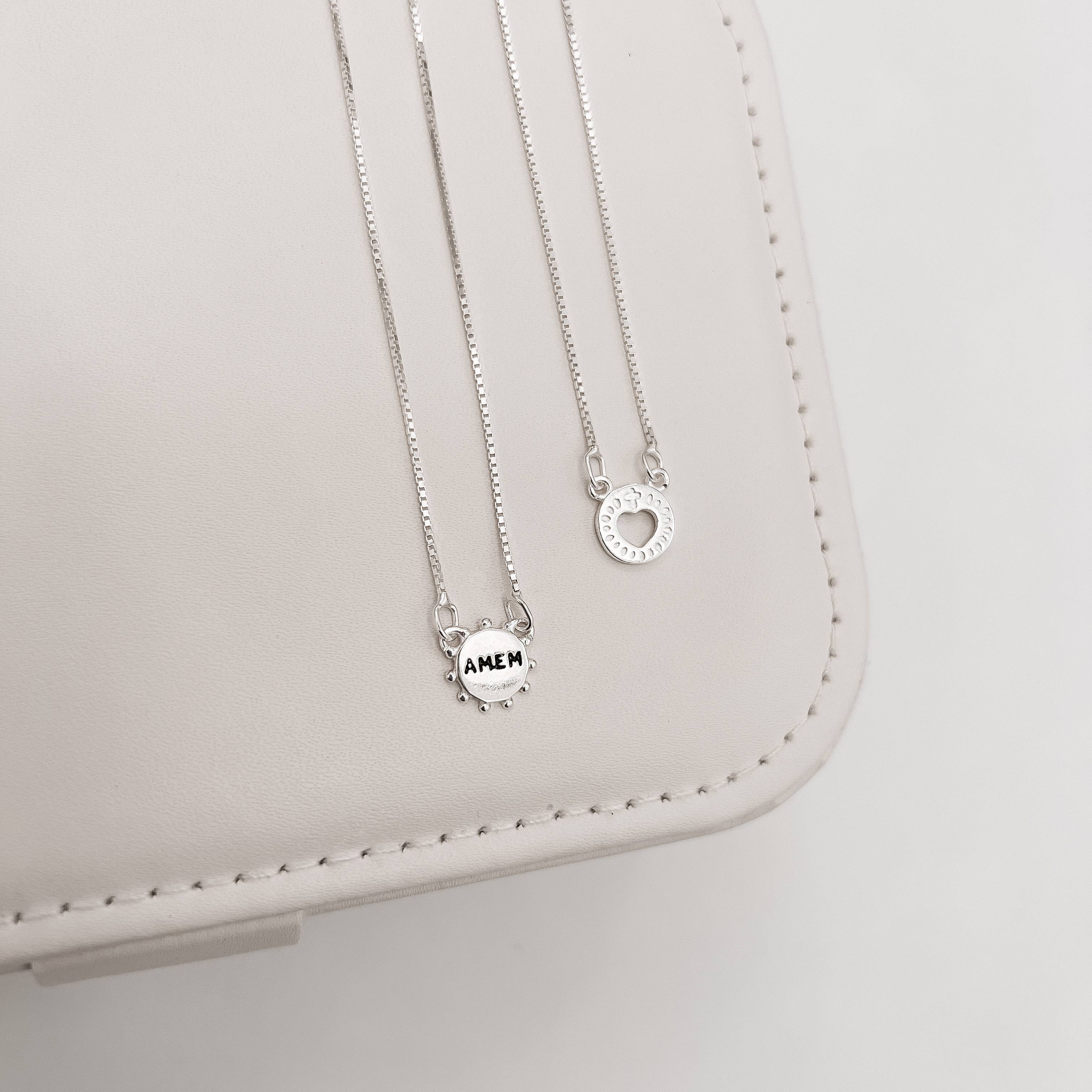 Escapulário medalhas Amém e coração vazado v15 60cm