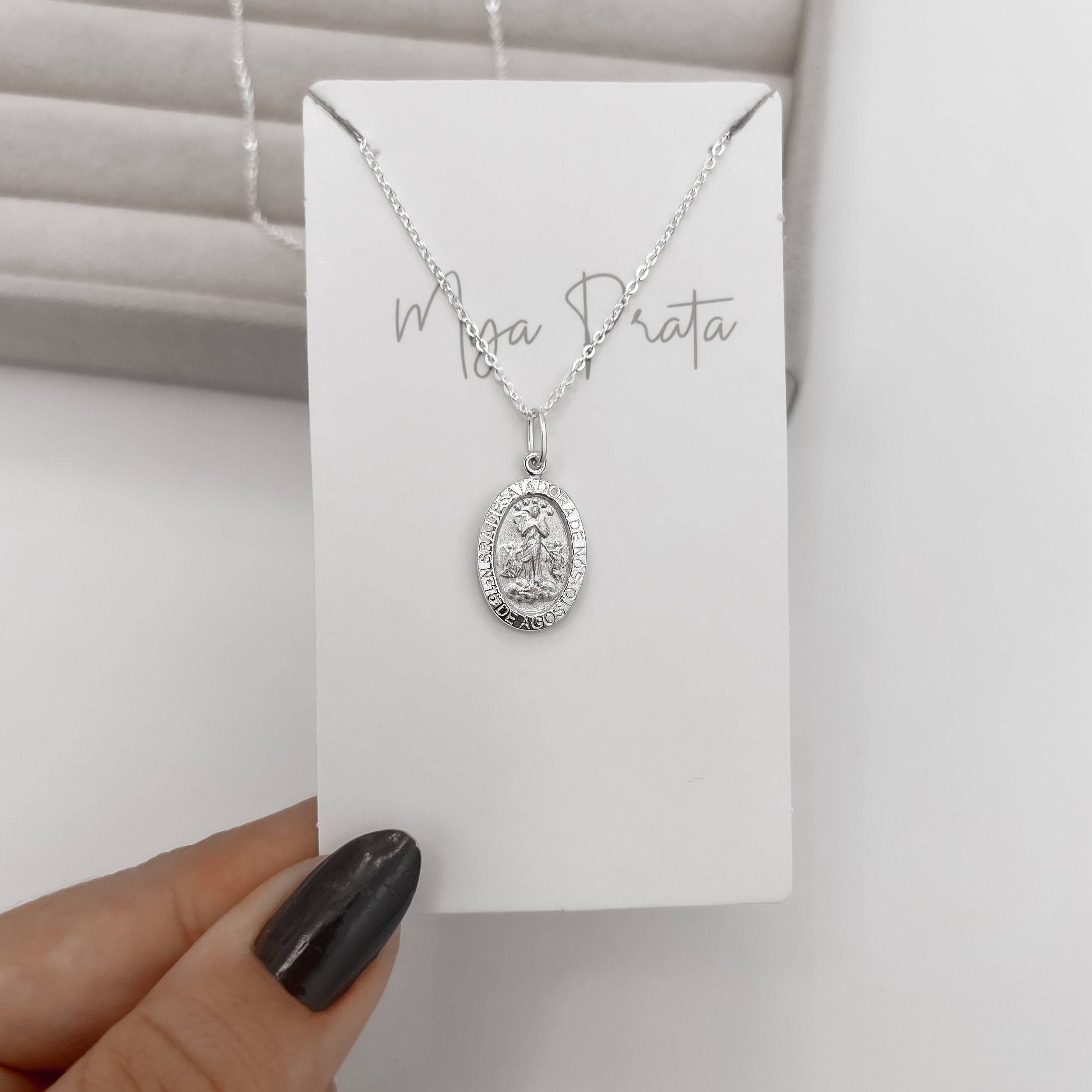 Imagem Colar pingente medalha dupla face Nsa. Sra. Desatadora de Nós e cruz 16mm corrente cadeadinho 45cm