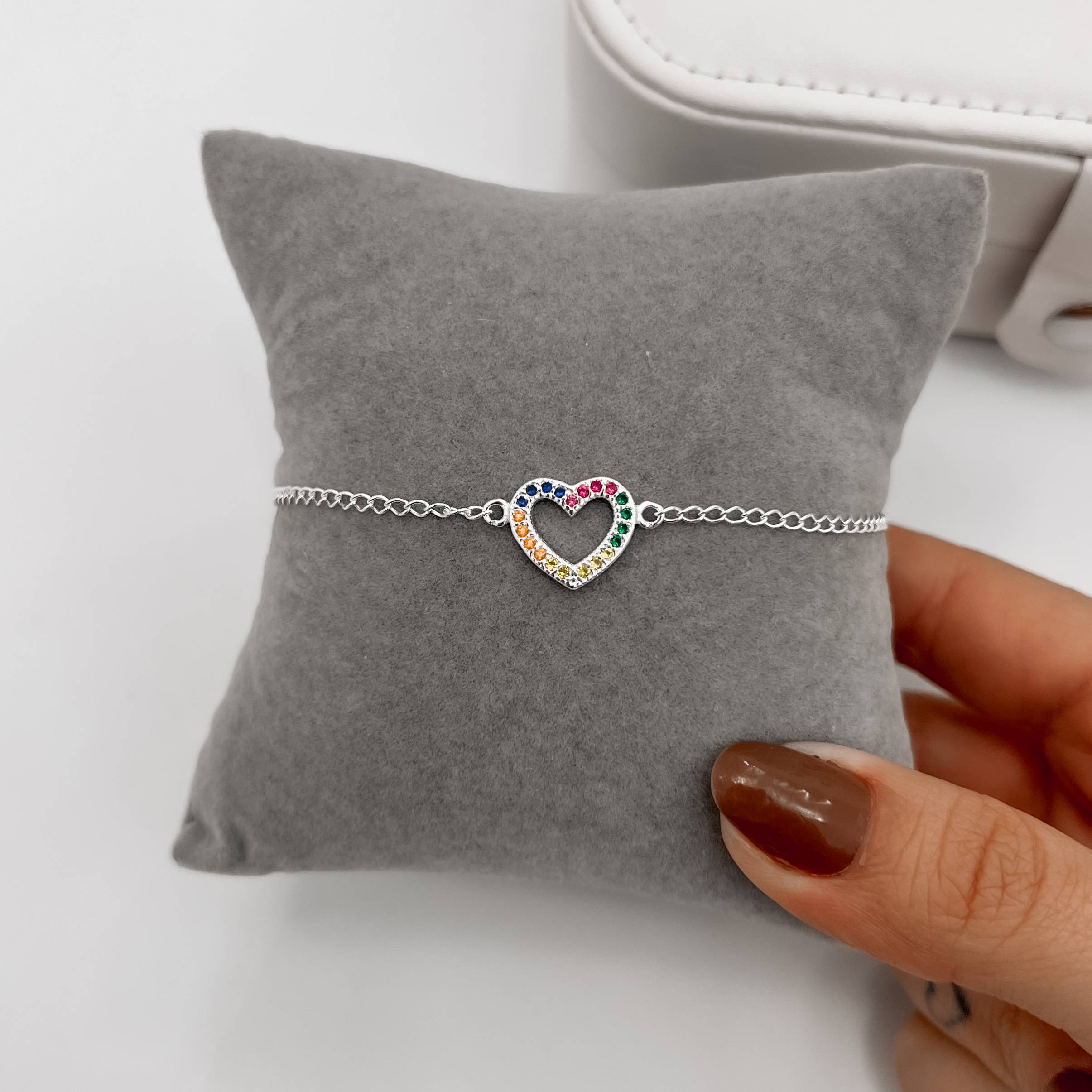 Imagem Secundária Pulseira entremeio coração vazado cravejado colorido 13mm