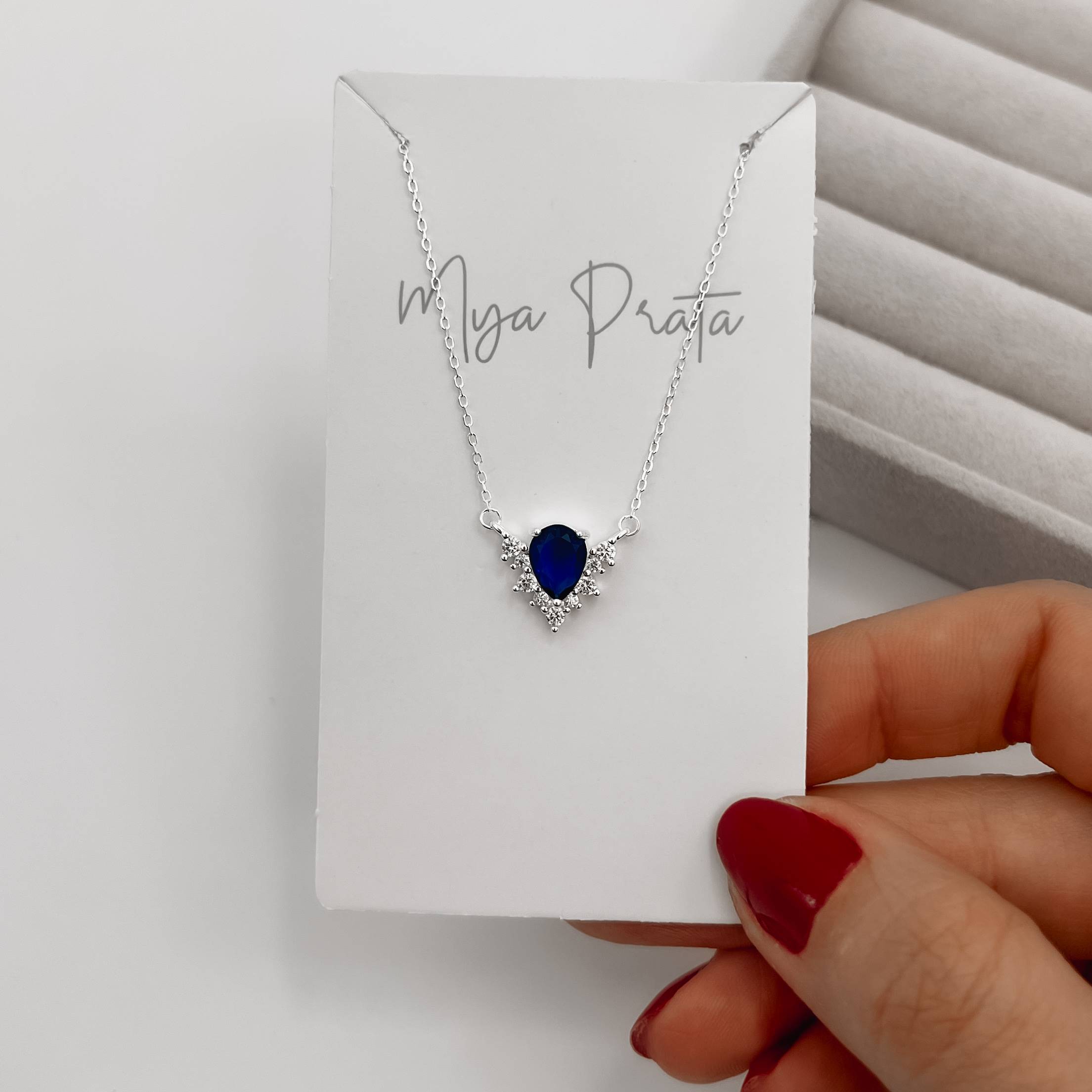 Colar entremeio zircônia gota azul escuro com cravejado 12mm 40+5cm