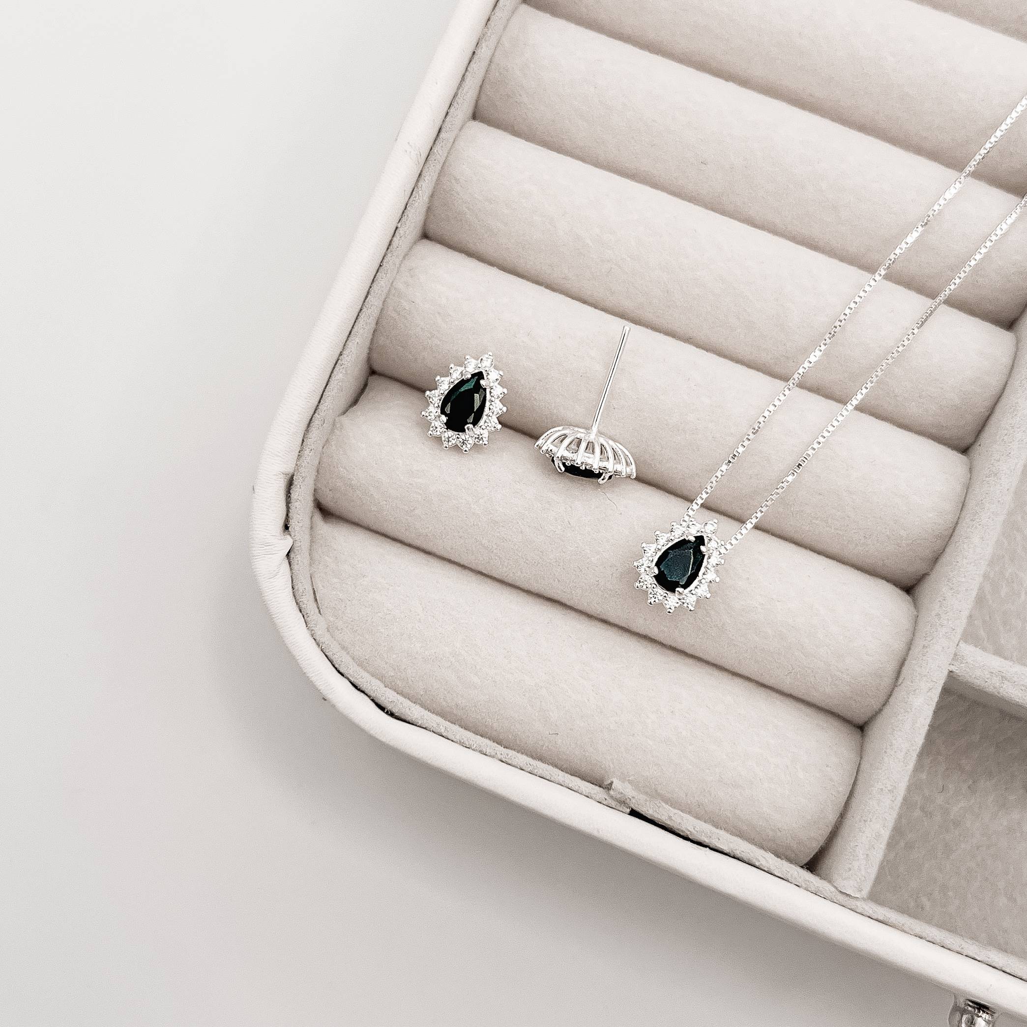 Imagem Conjunto brinco e colar zircônia gota ônix com cravejado 10mm 45cm