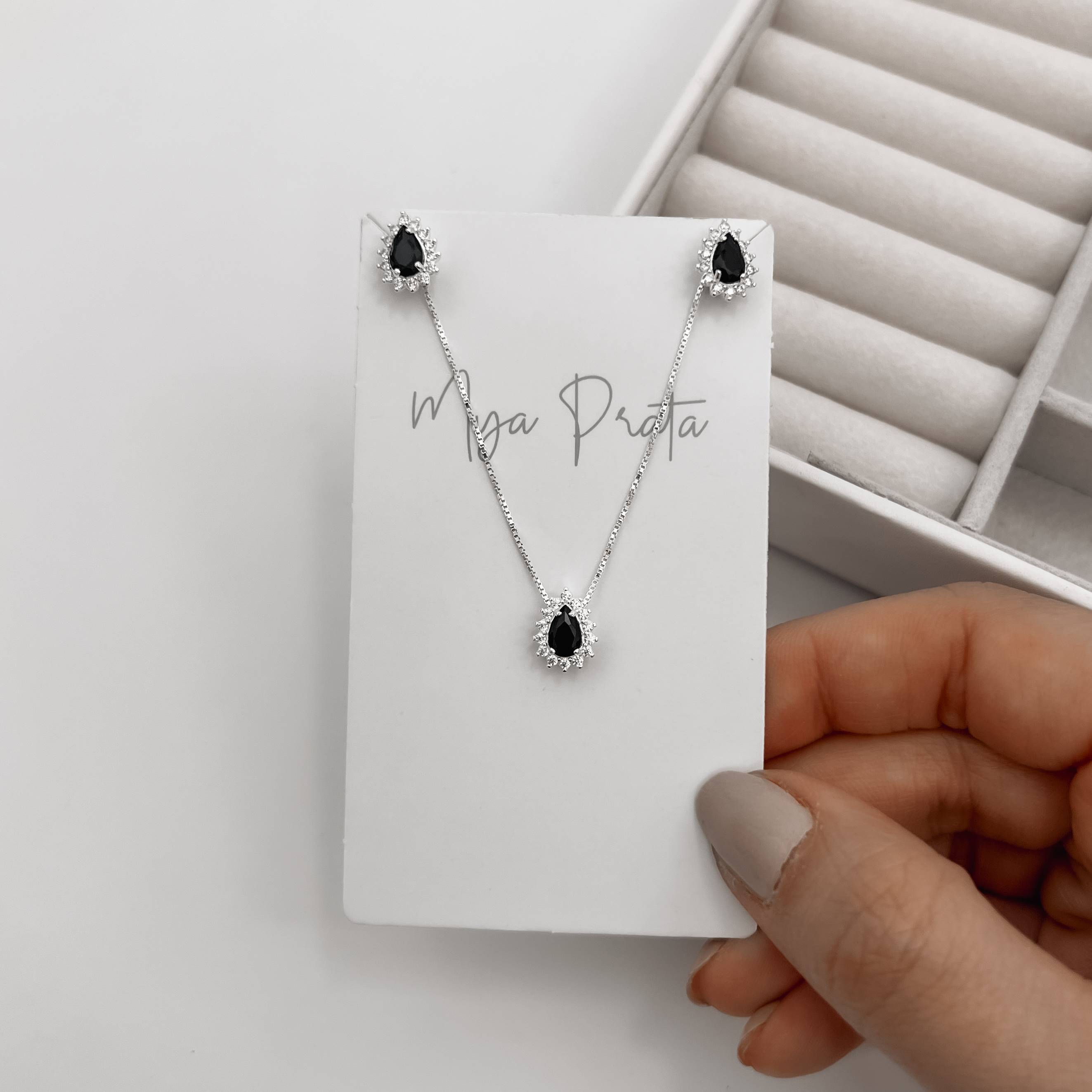 Imagem Secundária Conjunto brinco e colar zircônia gota ônix com cravejado 10mm 45cm