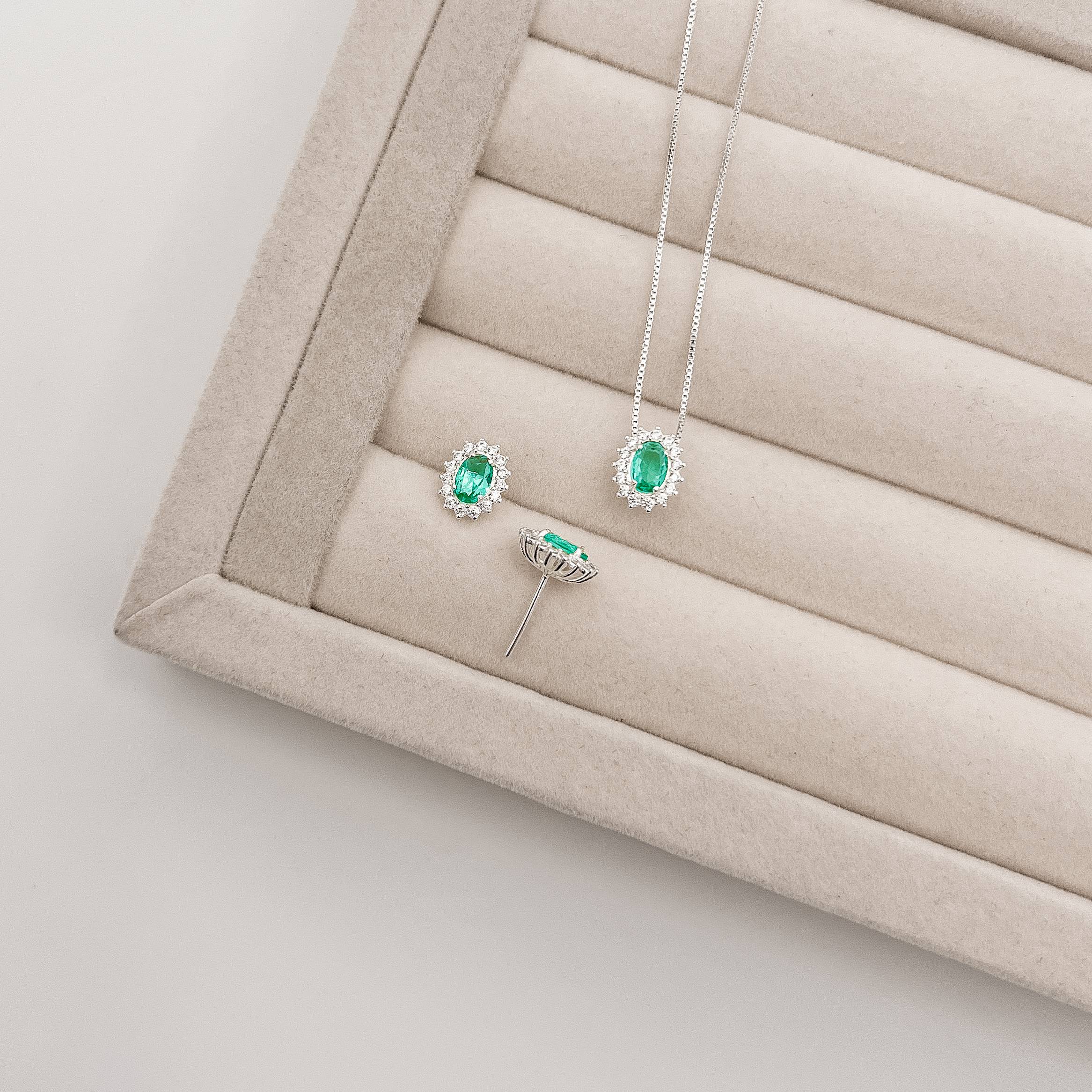 Imagem Conjunto brinco e colar zircônia oval acqua com cravejado 10mm 45cm