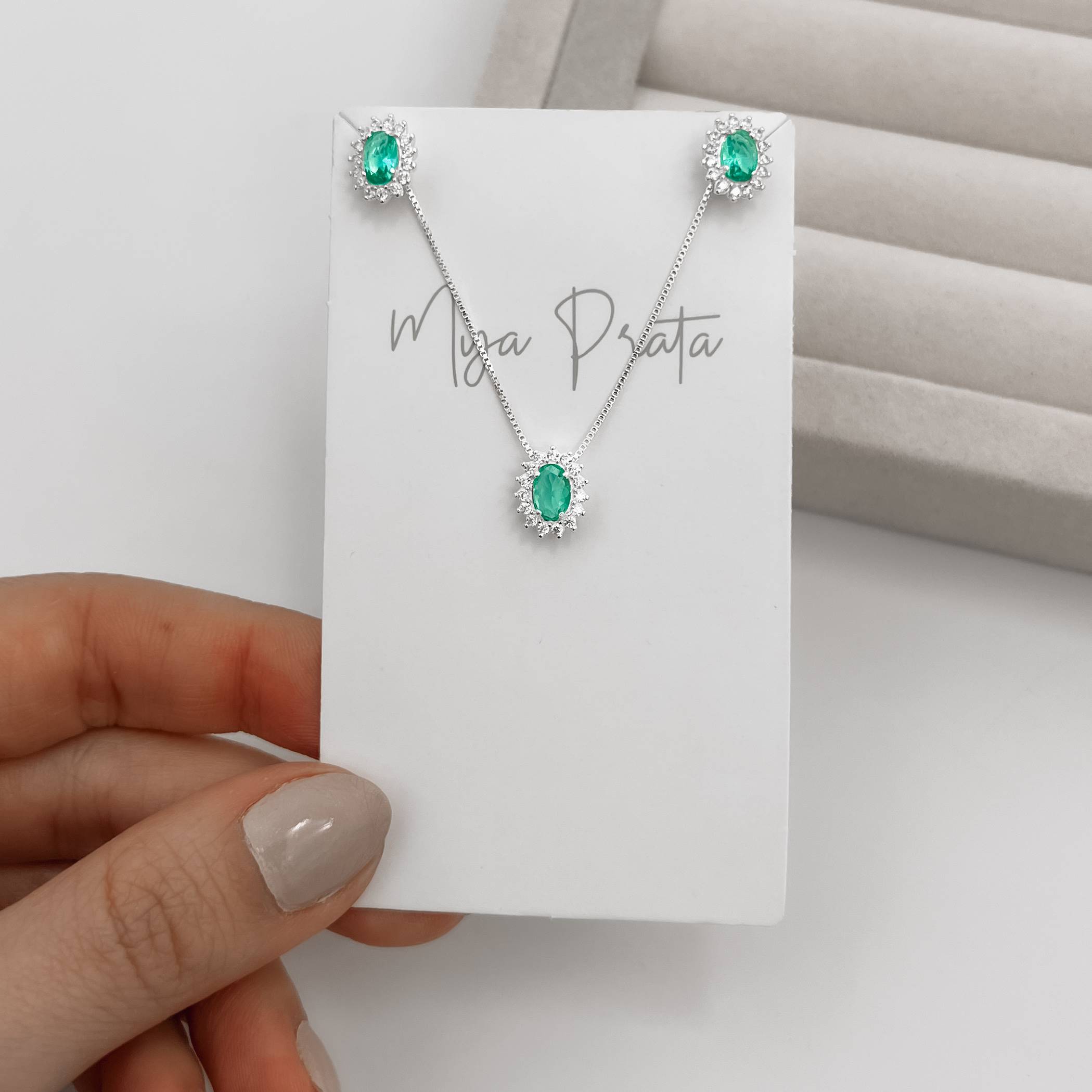 Imagem Secundária Conjunto brinco e colar zircônia oval acqua com cravejado 10mm 45cm