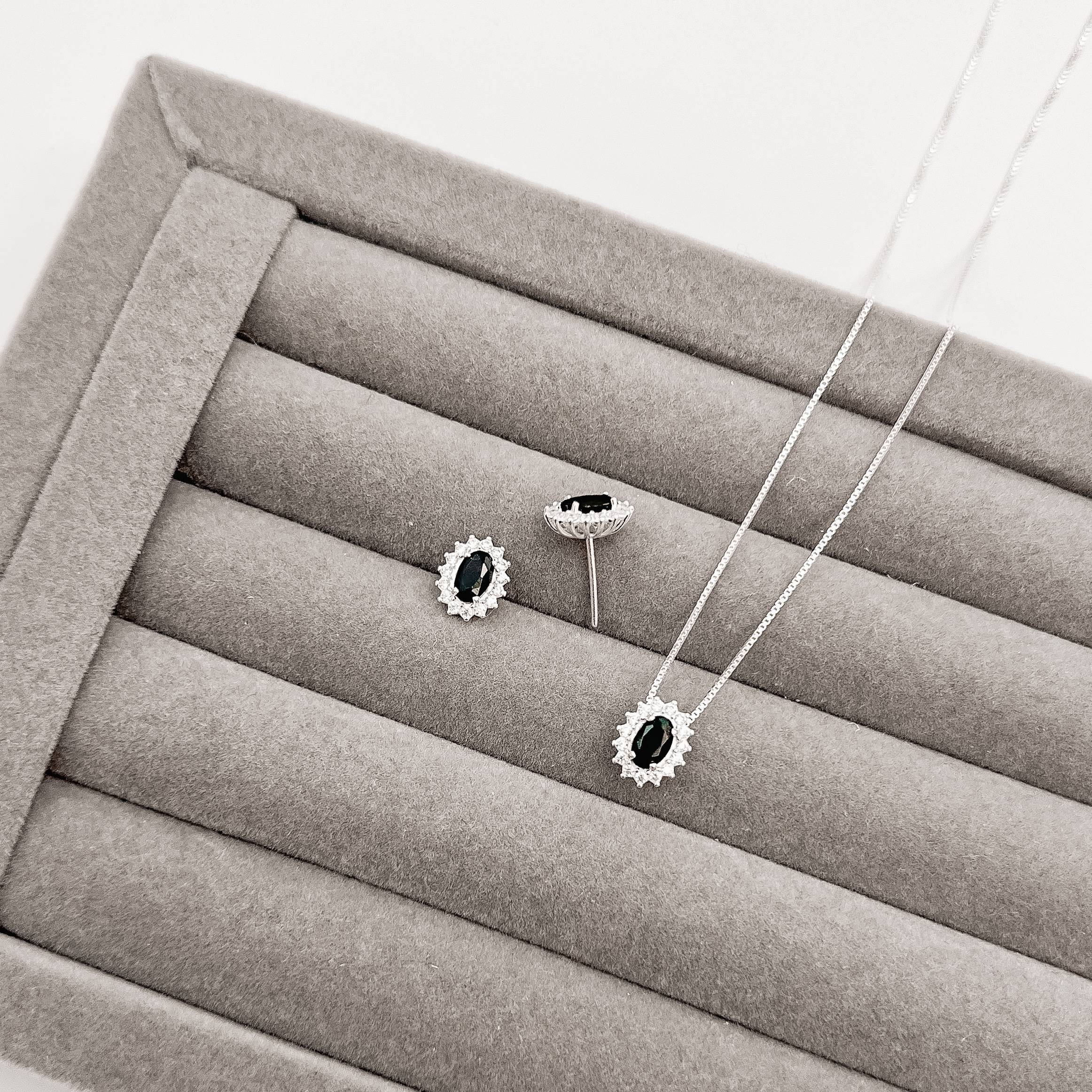 Imagem Conjunto brinco e colar zircônia oval ônix com cravejado 10mm 45cm