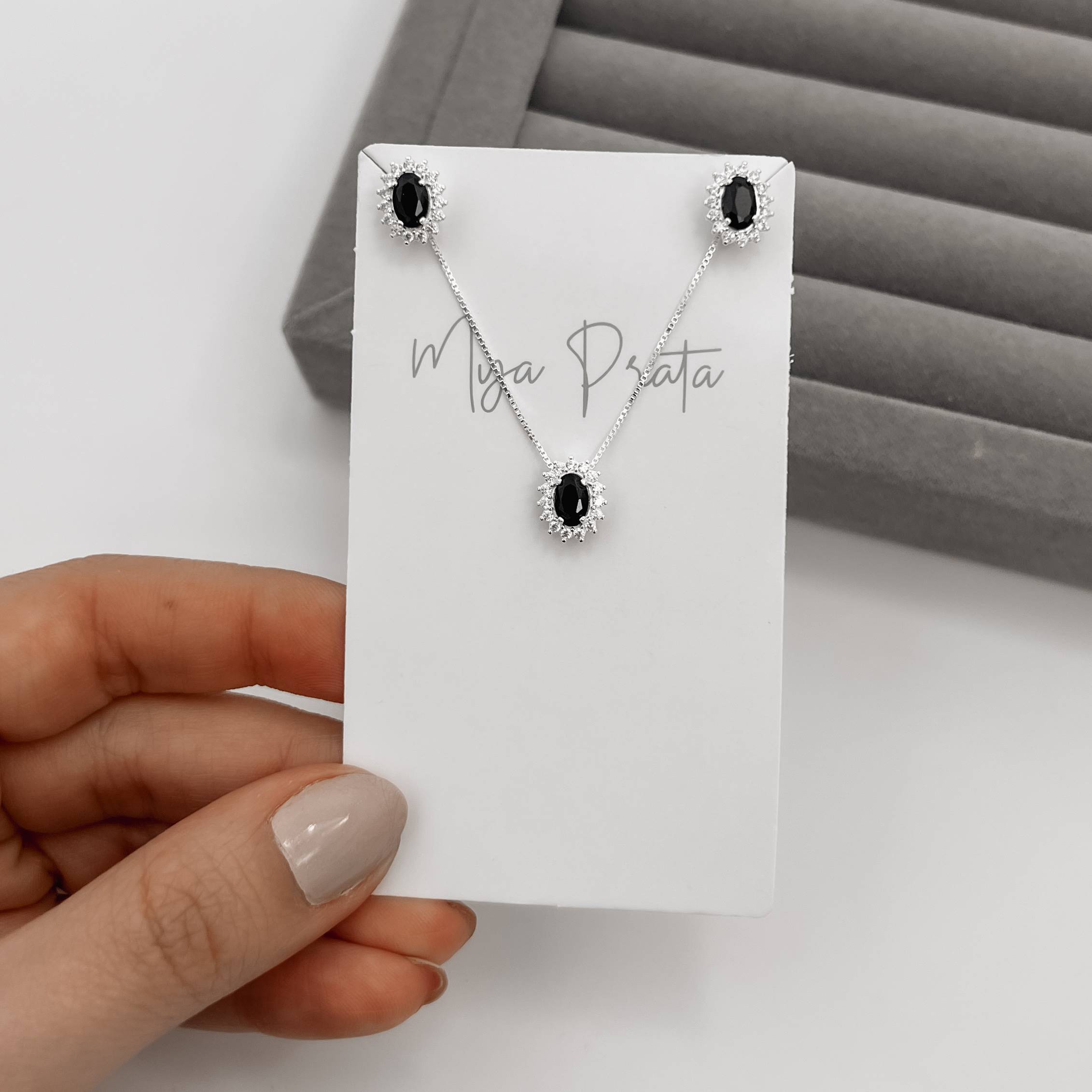 Imagem Secundária Conjunto brinco e colar zircônia oval ônix com cravejado 10mm 45cm