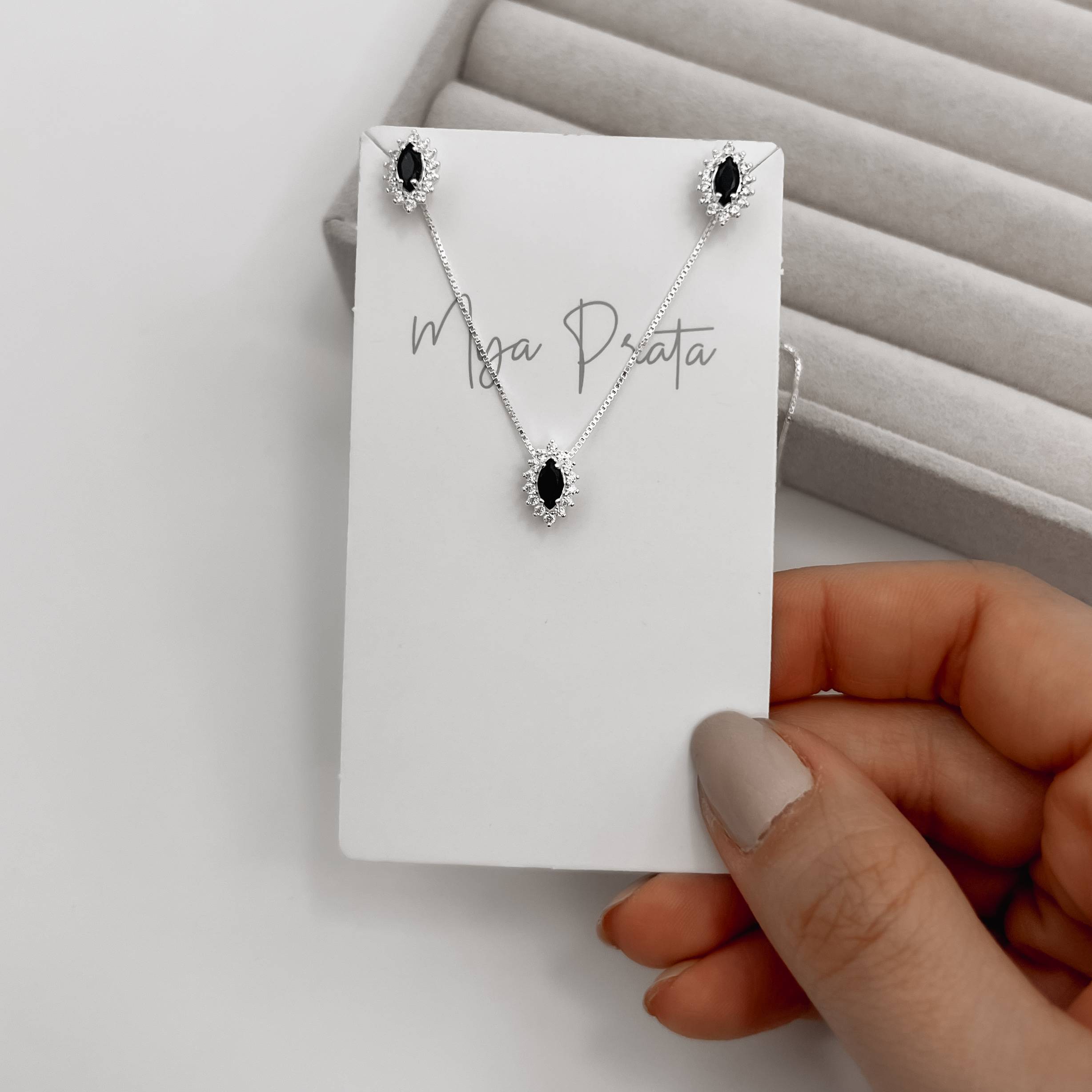 Imagem Conjunto brinco e colar zircônia navete ônix com cravejado 10mm 45cm