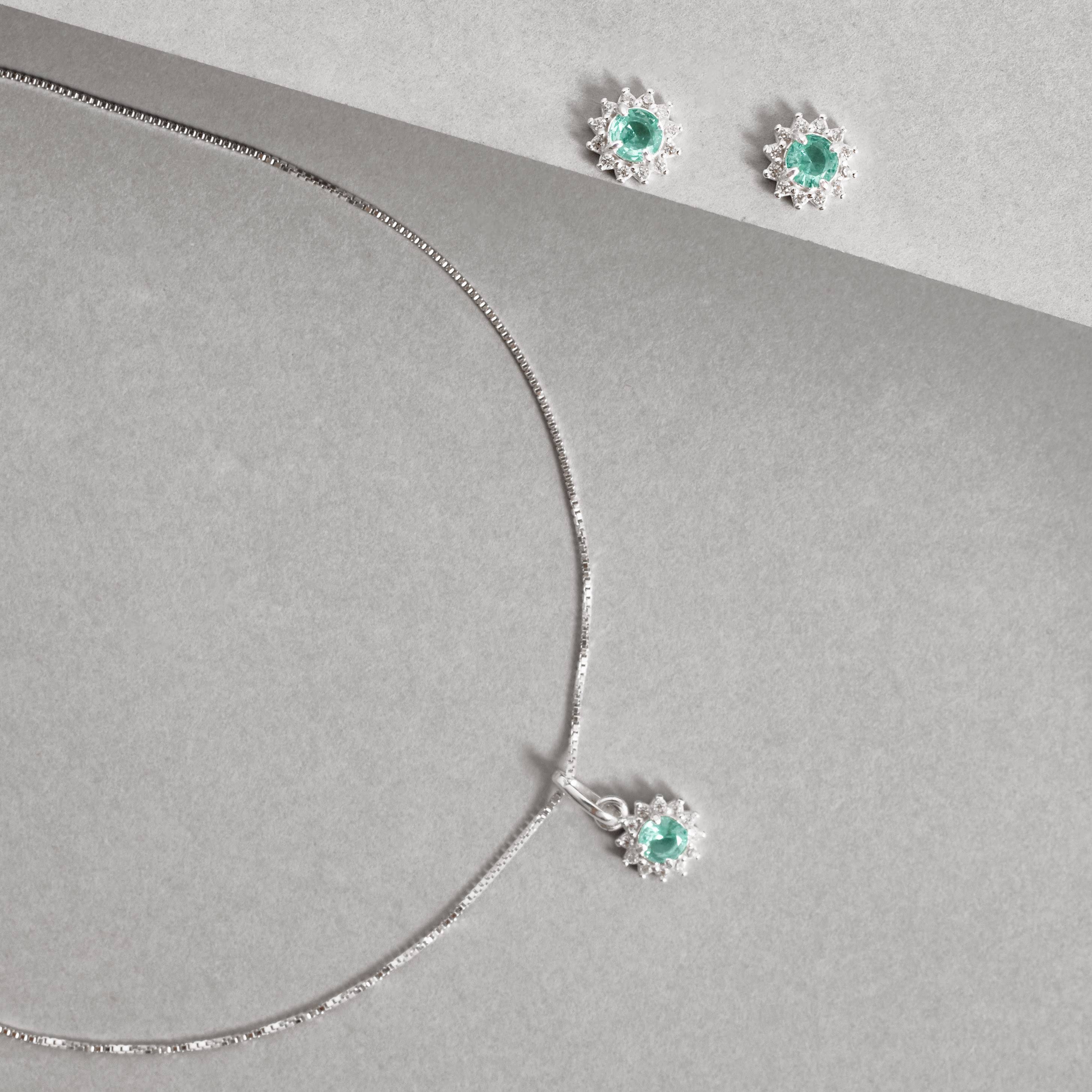 Imagem Conjunto brinco e colar zircônia redonda acqua com cravejado 7mm 45cm