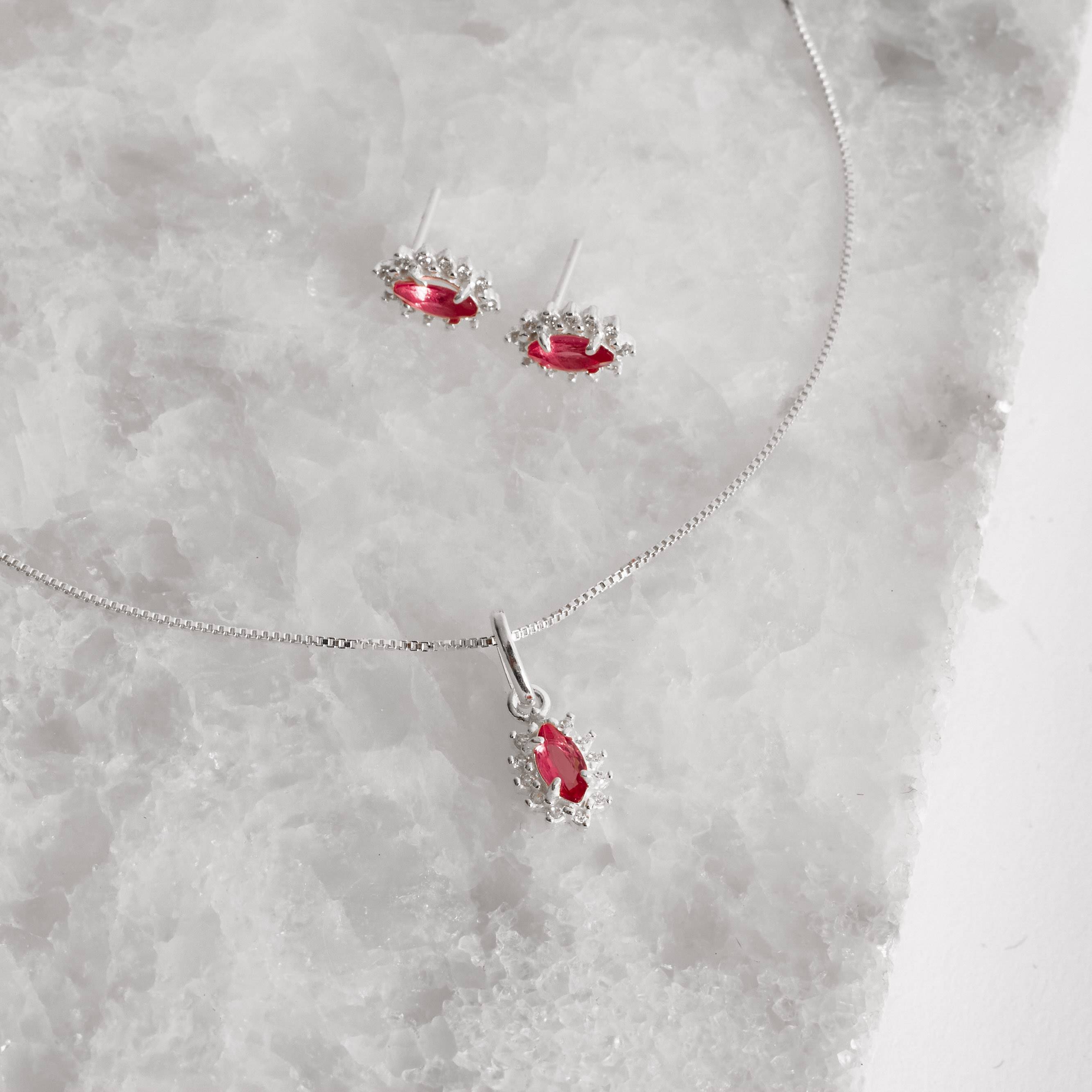 Imagem Conjunto brinco e colar zircônia navete cereja com cravejado 9mm 45cm