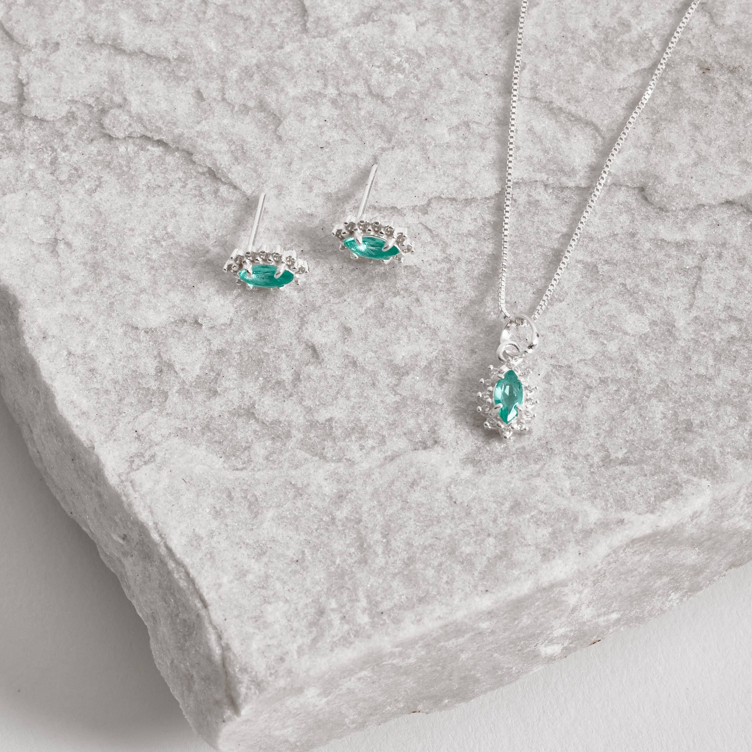 Imagem Conjunto brinco e colar zircônia navete acqua com cravejado 9mm 45cm