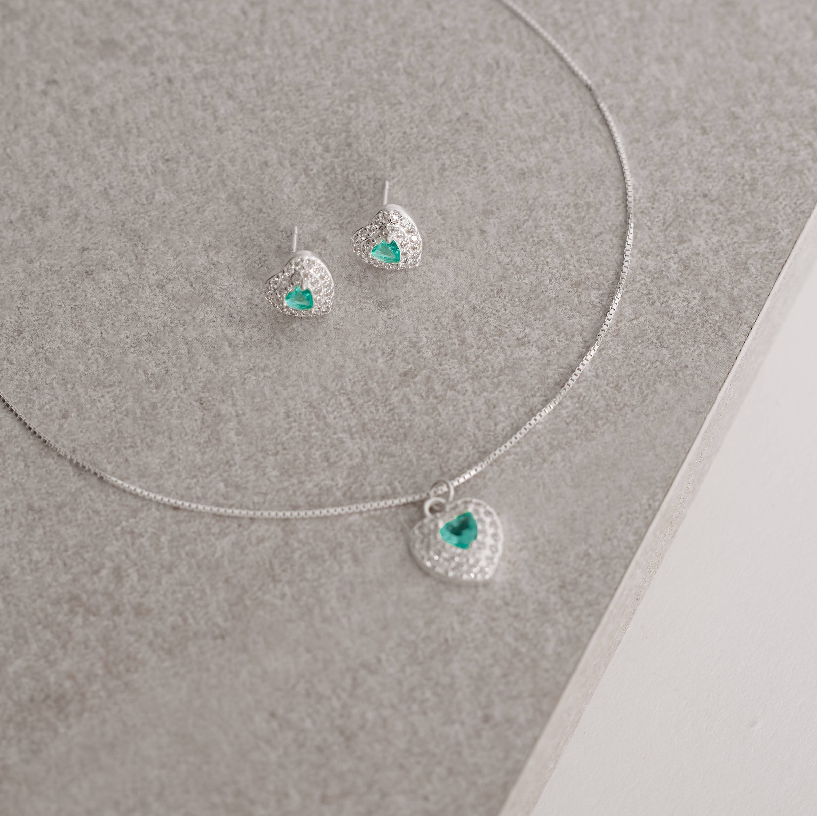 Imagem Conjunto brinco e colar zircônia coração turmalina com duplo cravejado 10mm 45cm