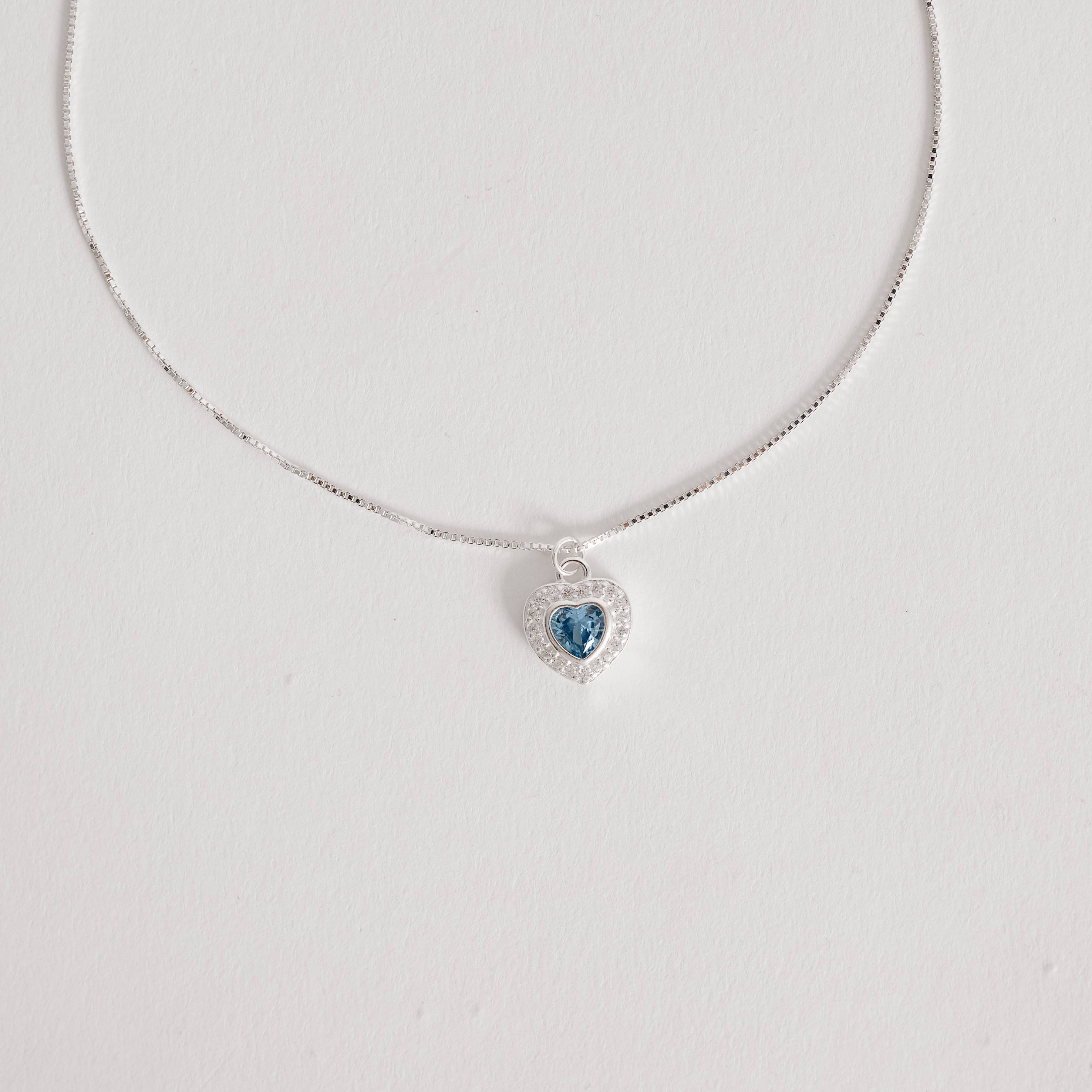 Imagem Secundária Conjunto brinco e colar zircônia coração embutida azul com cravejado 10mm 45cm