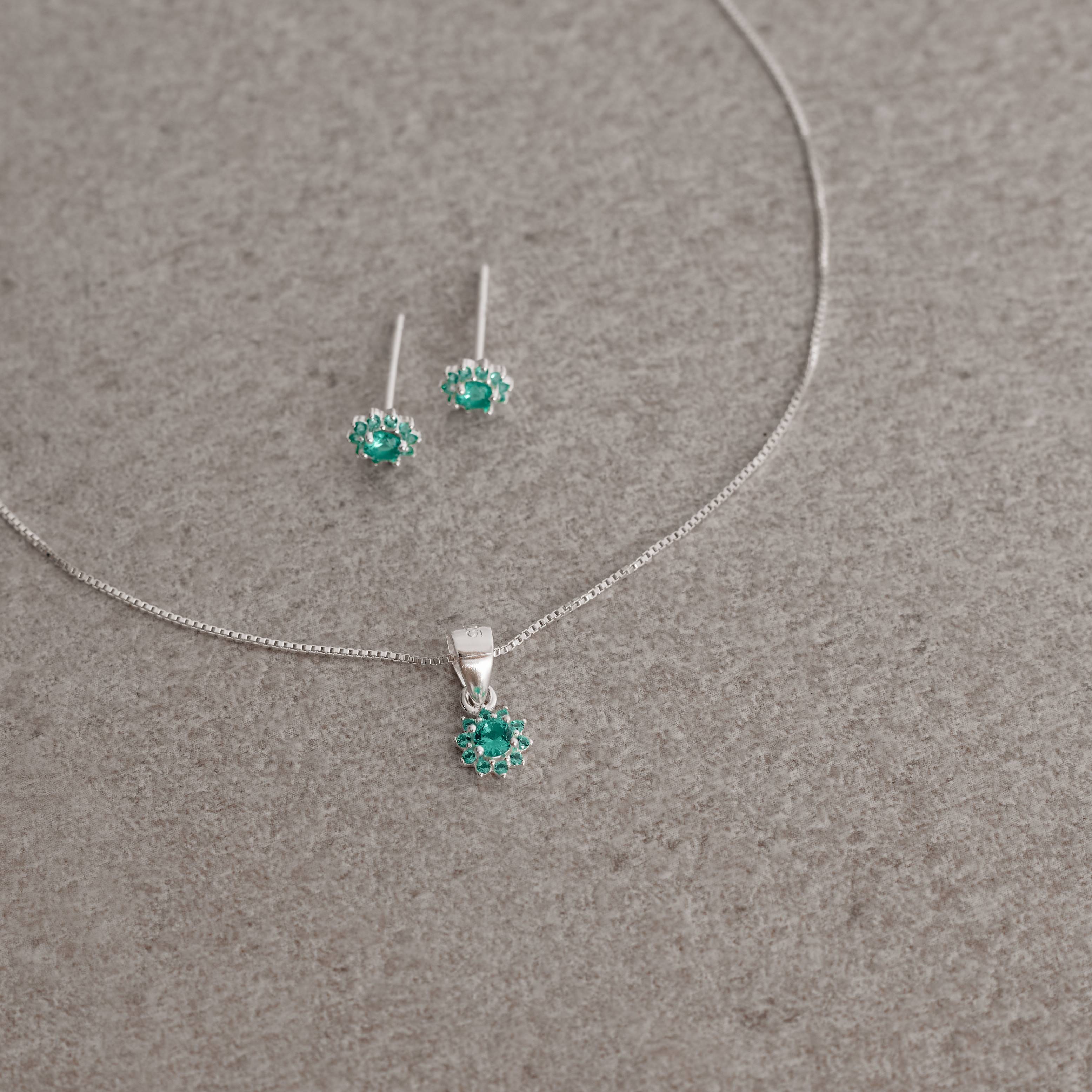 Imagem Conjunto brinco e colar flor cravejada turmalina 6mm 40cm