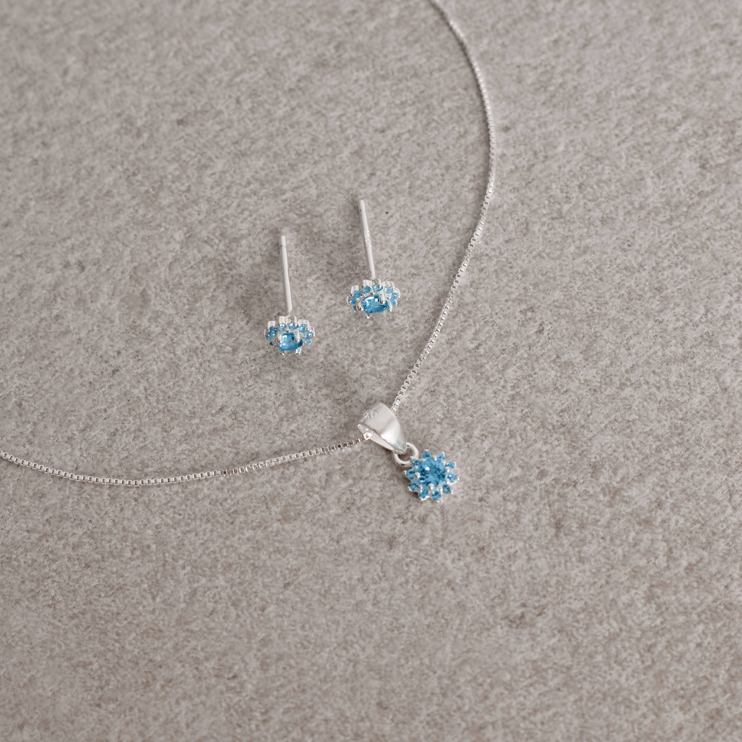 Imagem Conjunto brinco e colar flor cravejada azul 6mm 40cm