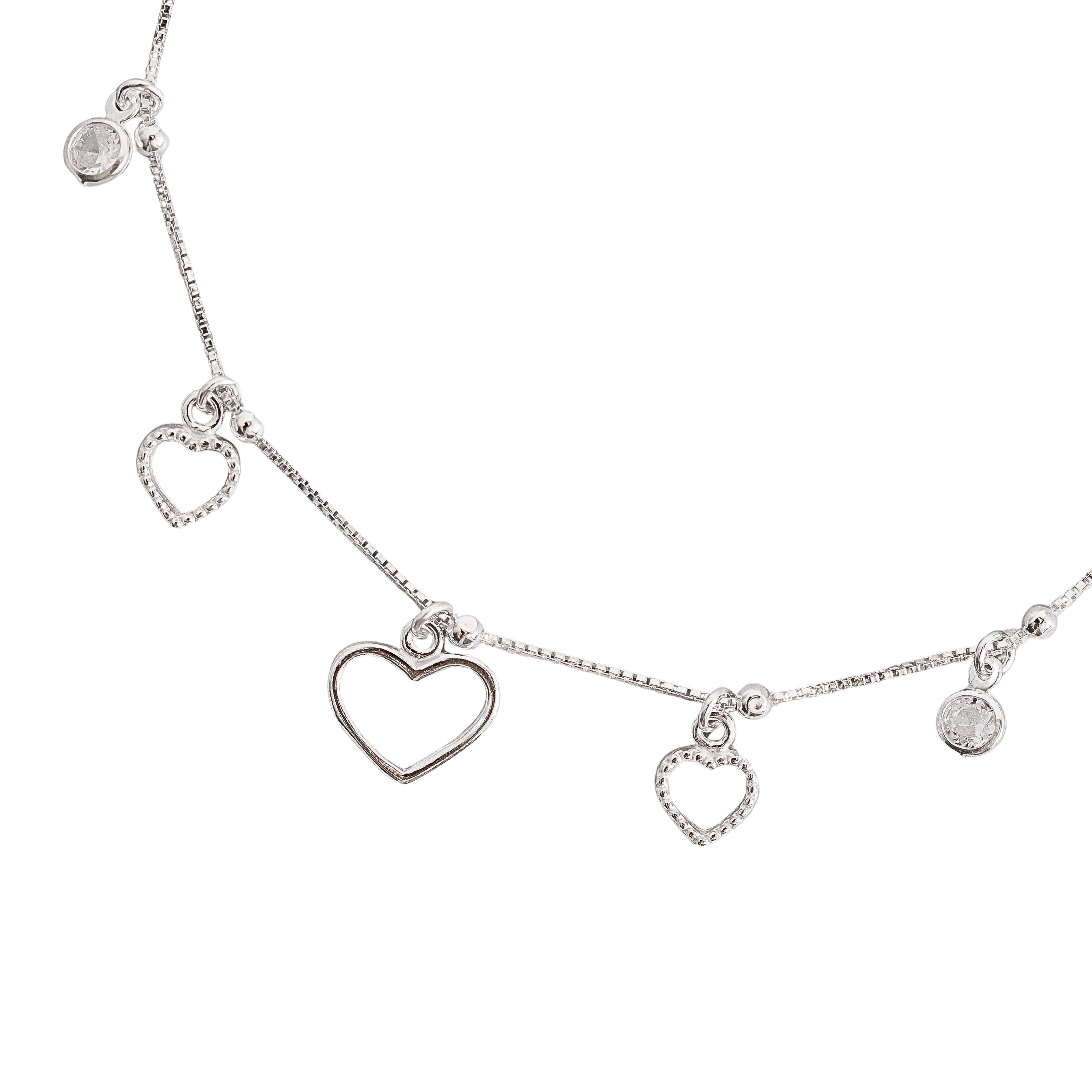 Imagem Pulseira entremeio bolas com pingentes corações vazados e zircônias