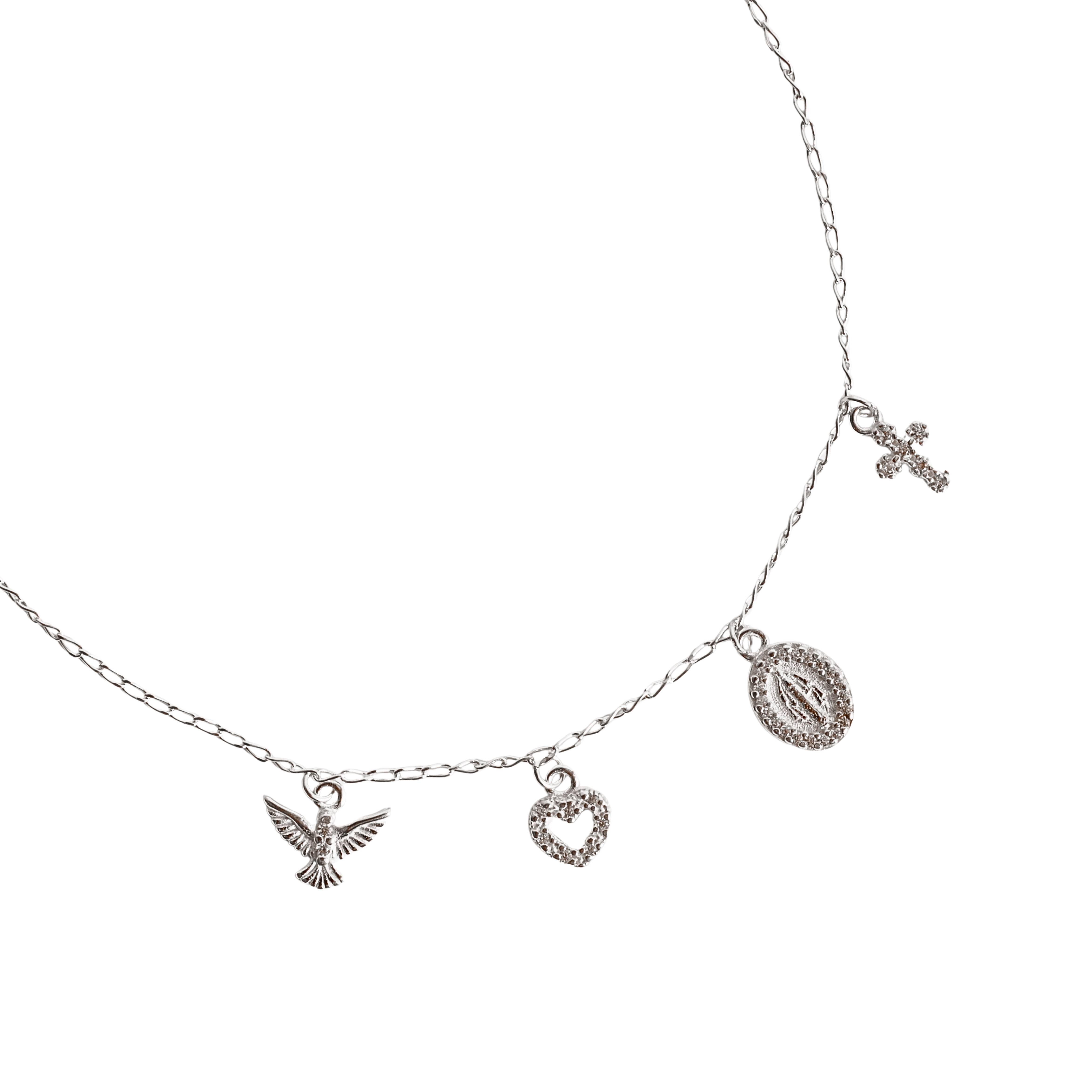 Colar pingentes Espírito Santo, coração vazado, medalha Nsa. Sra. das Graças e cruz cravejados corrente grumet 45cm