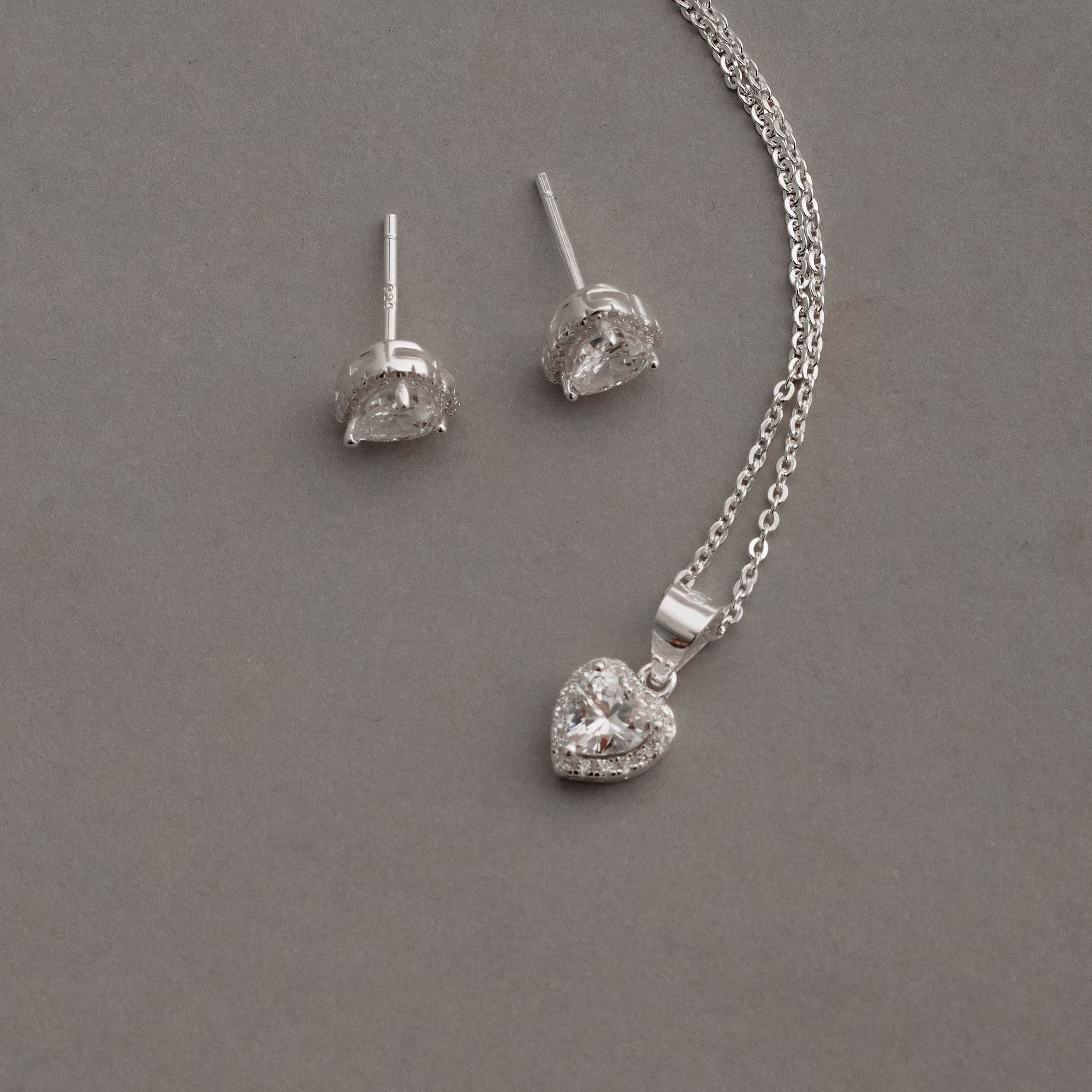 Conjunto brinco e colar zircônia coração com cravejado 7mm corrente cadeadinho 40cm