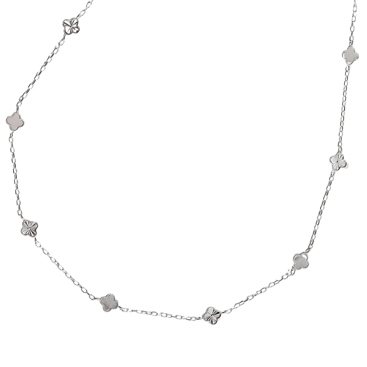 Colar entremeio trevos madrepérola e vinco 5mm corrente cadeado 45+5cm