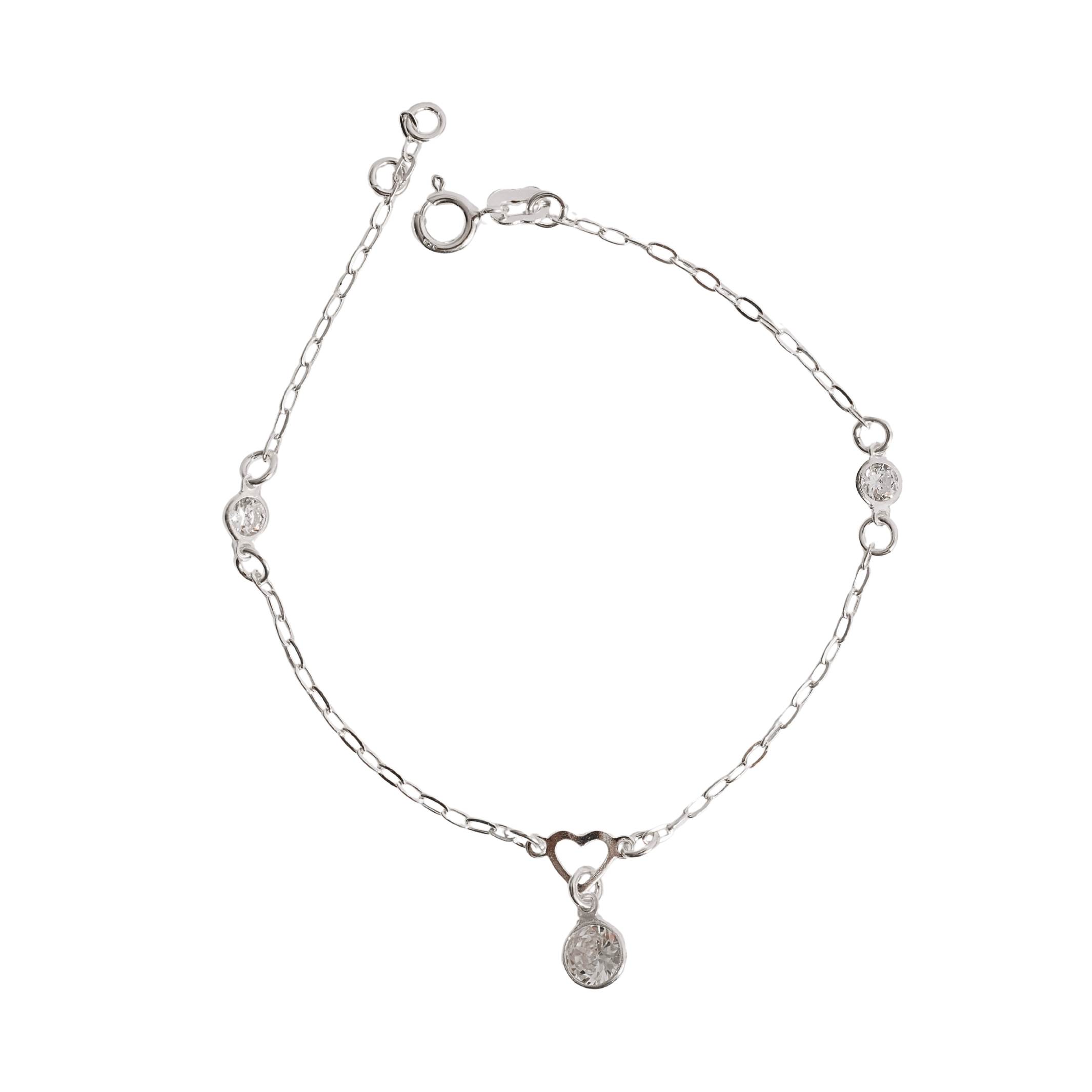 Imagem Pulseira entremeios coração vazado e zircônias com pingente zircônia 7mm 19cm