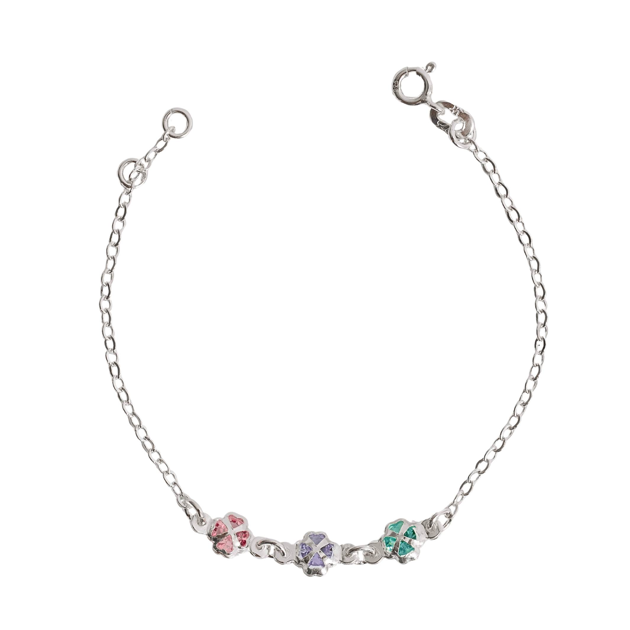 Imagem Pulseira infantil entremeio 3 trevos com zircônias coloridas 6mm 15cm